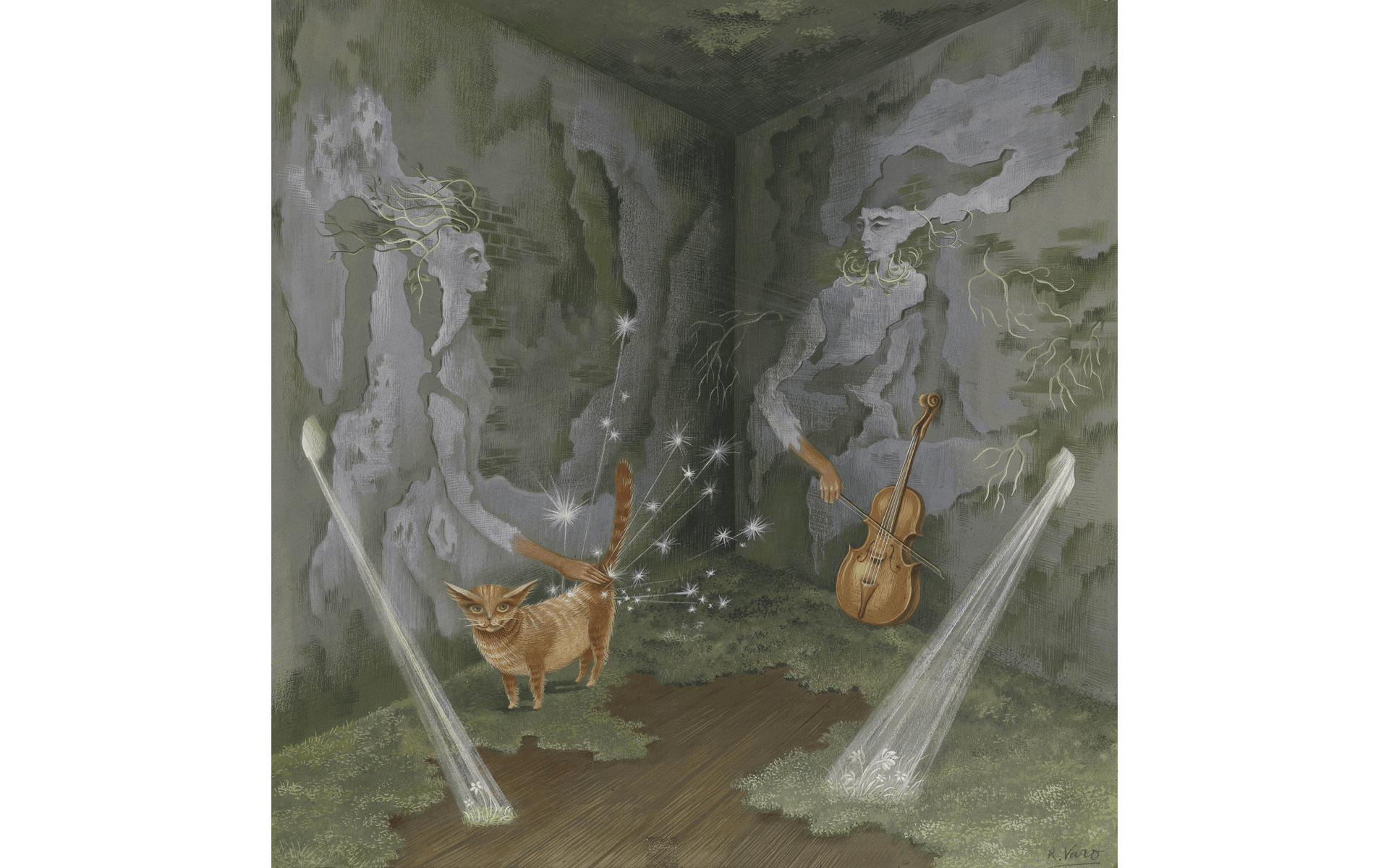 A mystical cat stands in a corner with wall murals of ethereal figures and a floating violin.