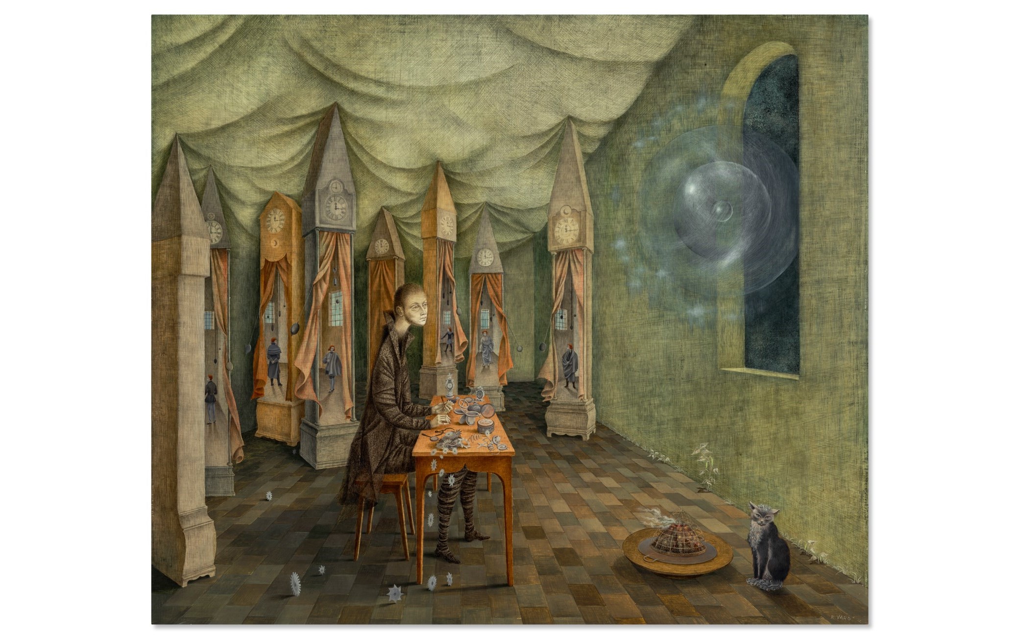 The image depicts an indoor scene with a surreal atmosphere, featuring an elaborately draped room with clocks and a cat next to a chess board.