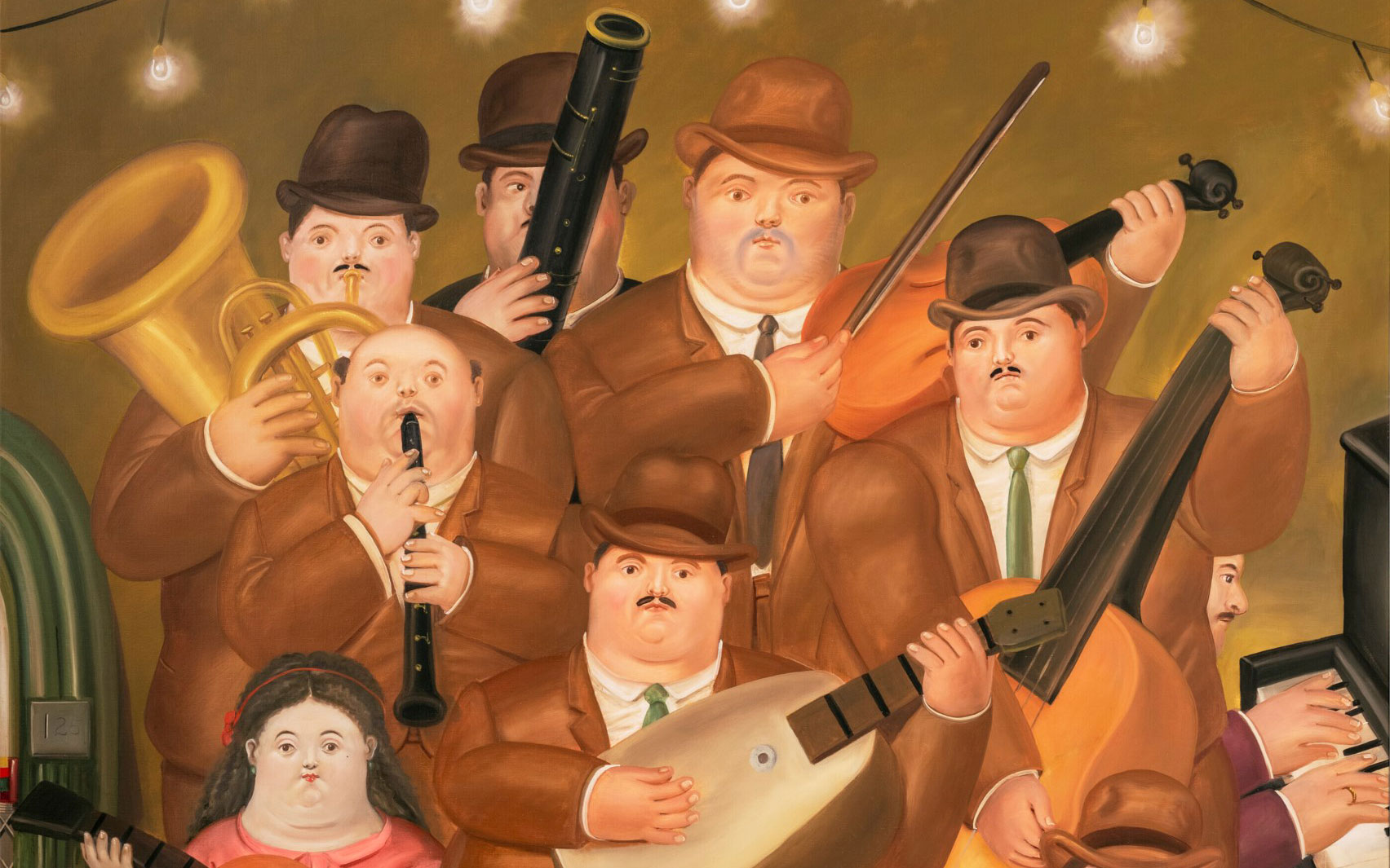 The image depicts a group of musicians in brown suits playing various instruments including a trumpet, violin, cello, and piano under a string of lights.