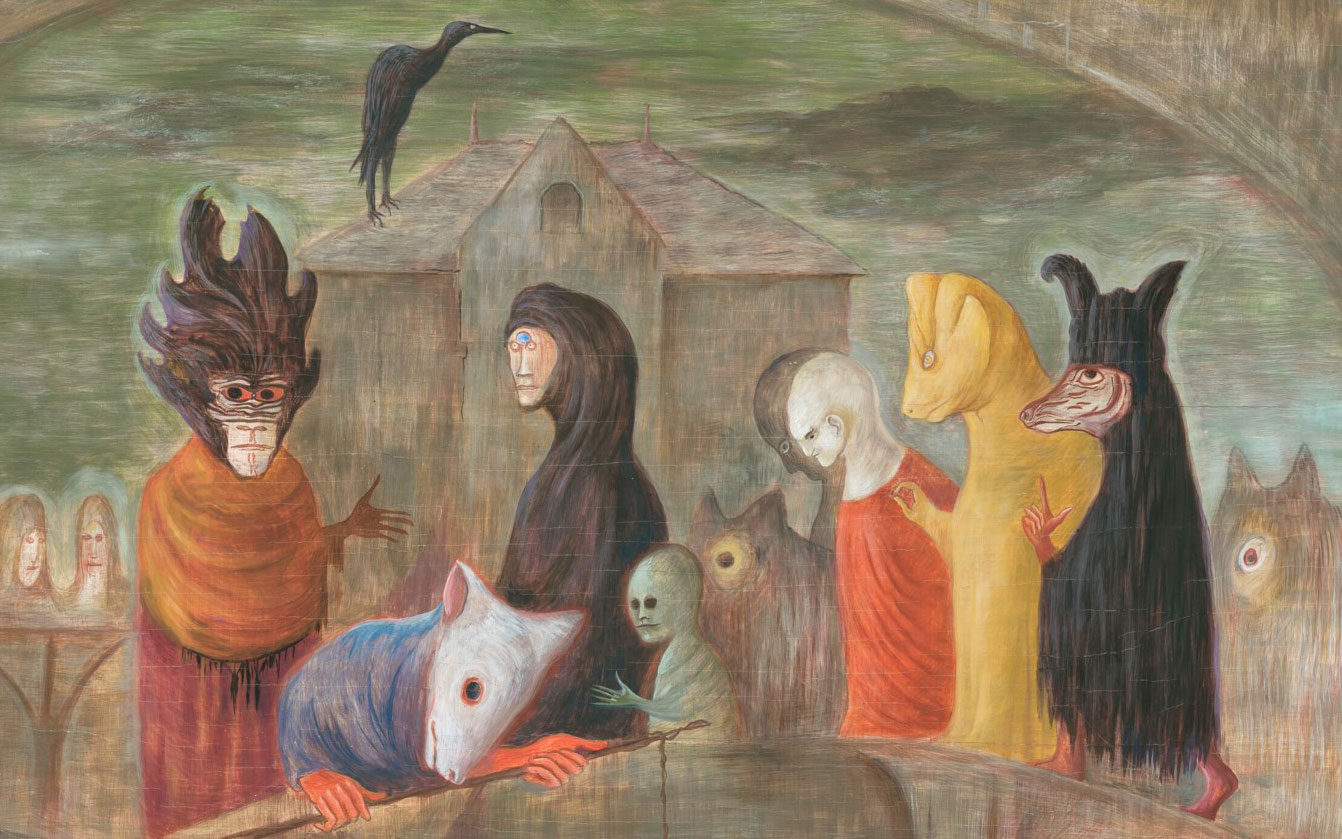 The image features a variety of surreal, masked figures with animal-like characteristics standing in a group, against a backdrop of a bridge and abstract buildings.