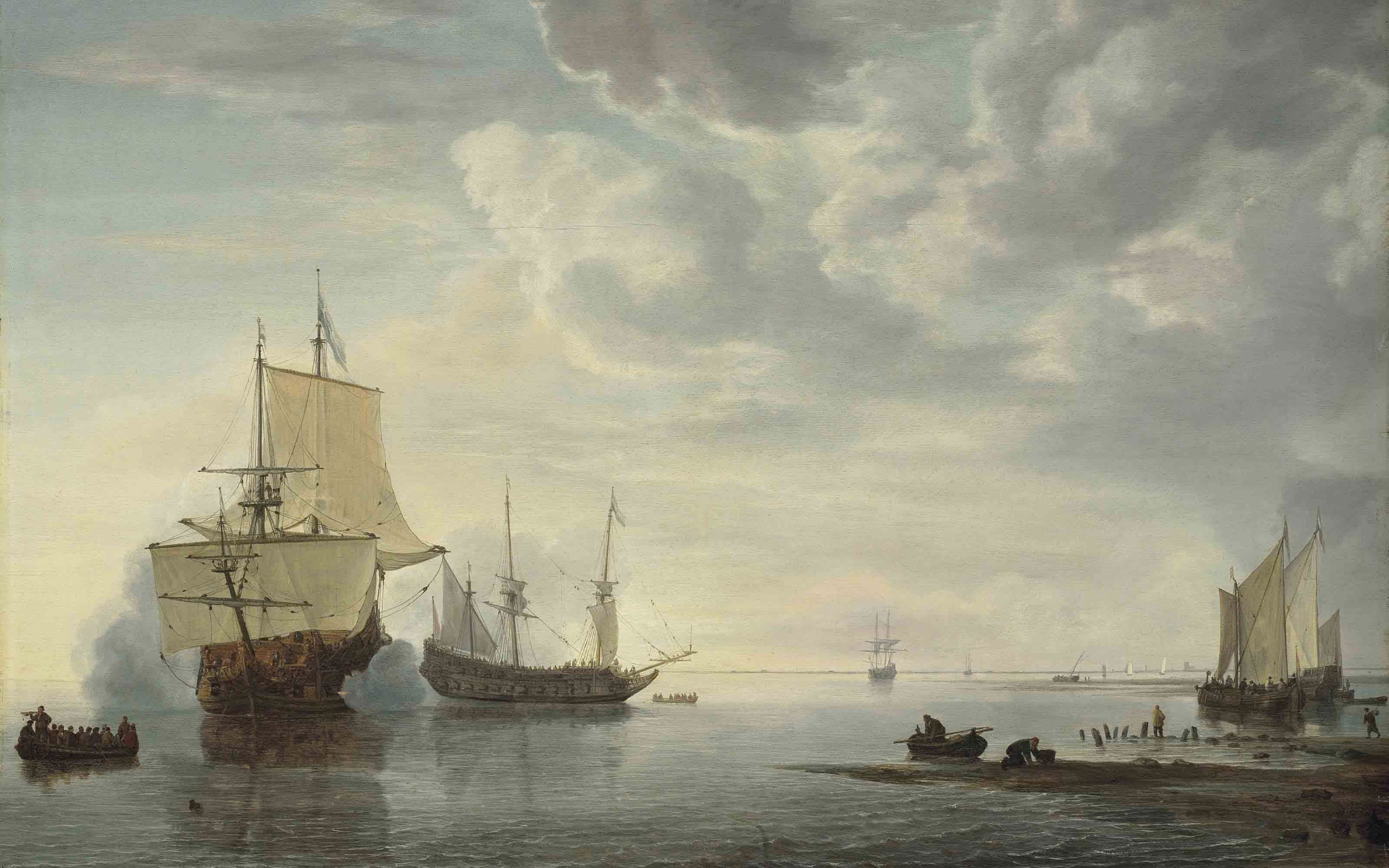 Historical maritime painting depicting several ships on calm waters under a cloudy sky, with some vessels firing cannons.