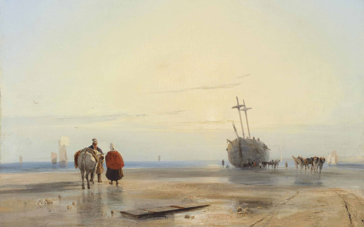 A serene coastal scene featuring two people and a horse observing a beached ship, with others and cattle nearby under a vast sky.
