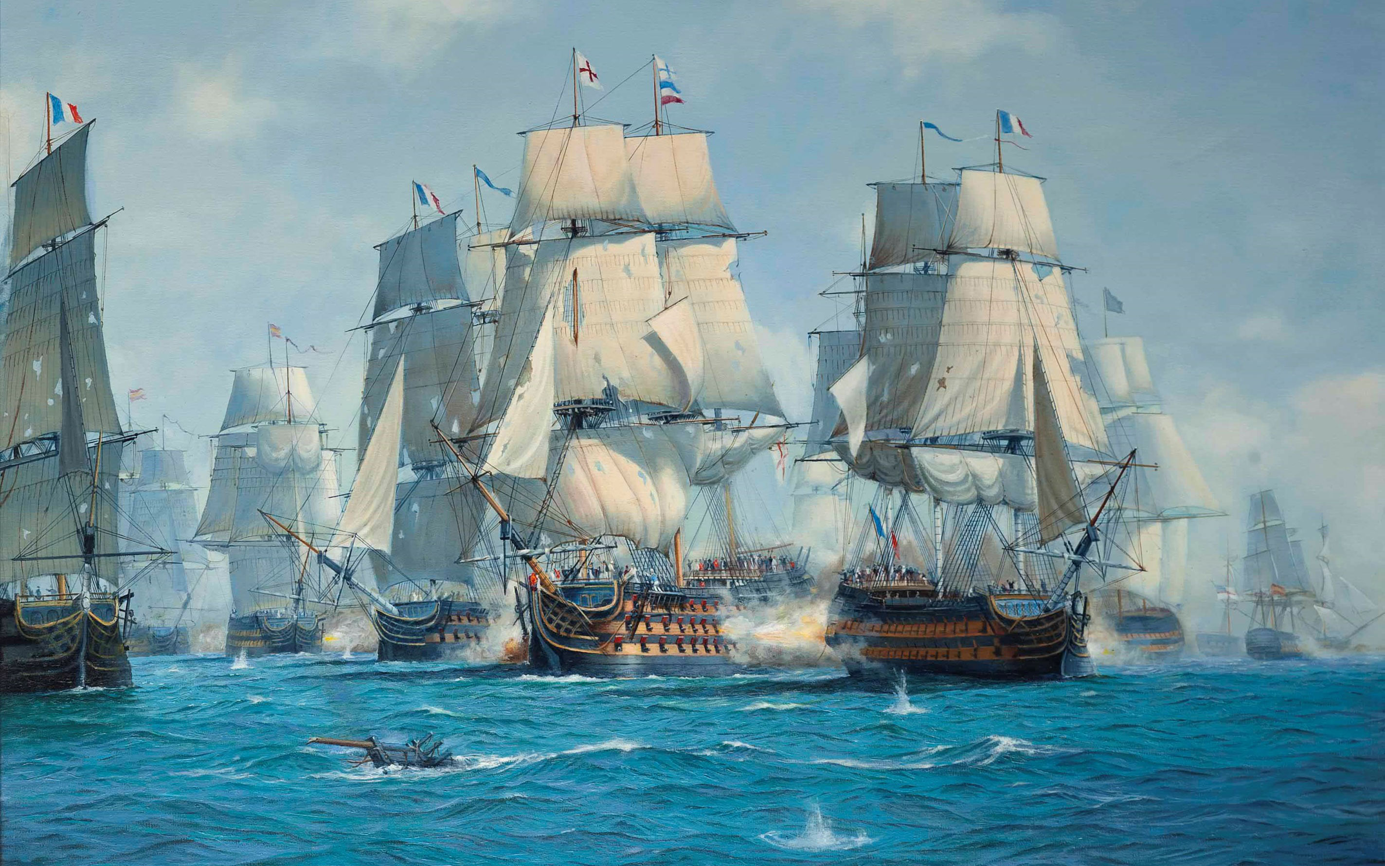 A painting of a naval battle scene with many tall ships, their sails billowing, engaged in cannon fire on turbulent seas.