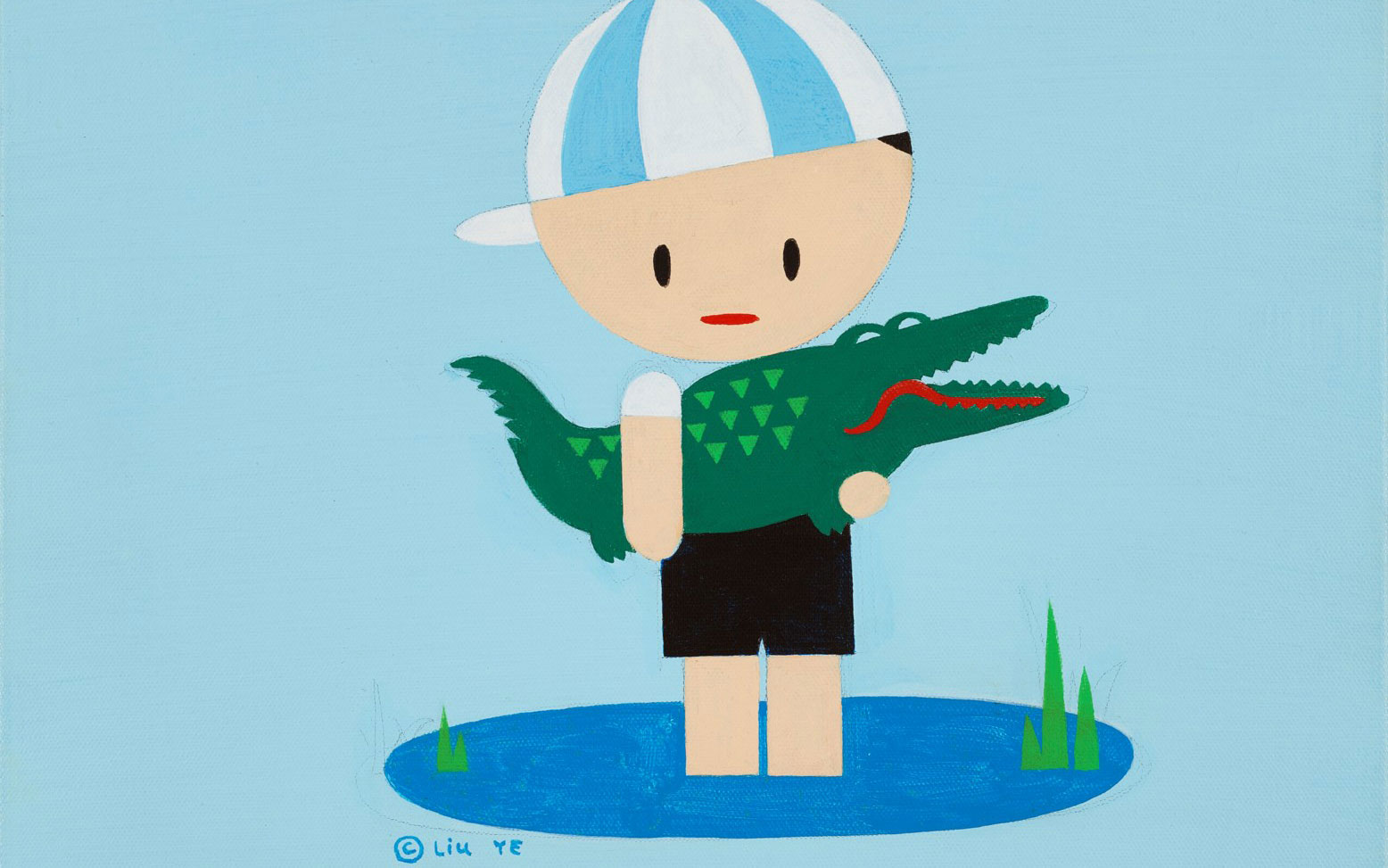 A child in a cap holds a toy crocodile in a minimalistic, cartoonish art style against a light blue background.