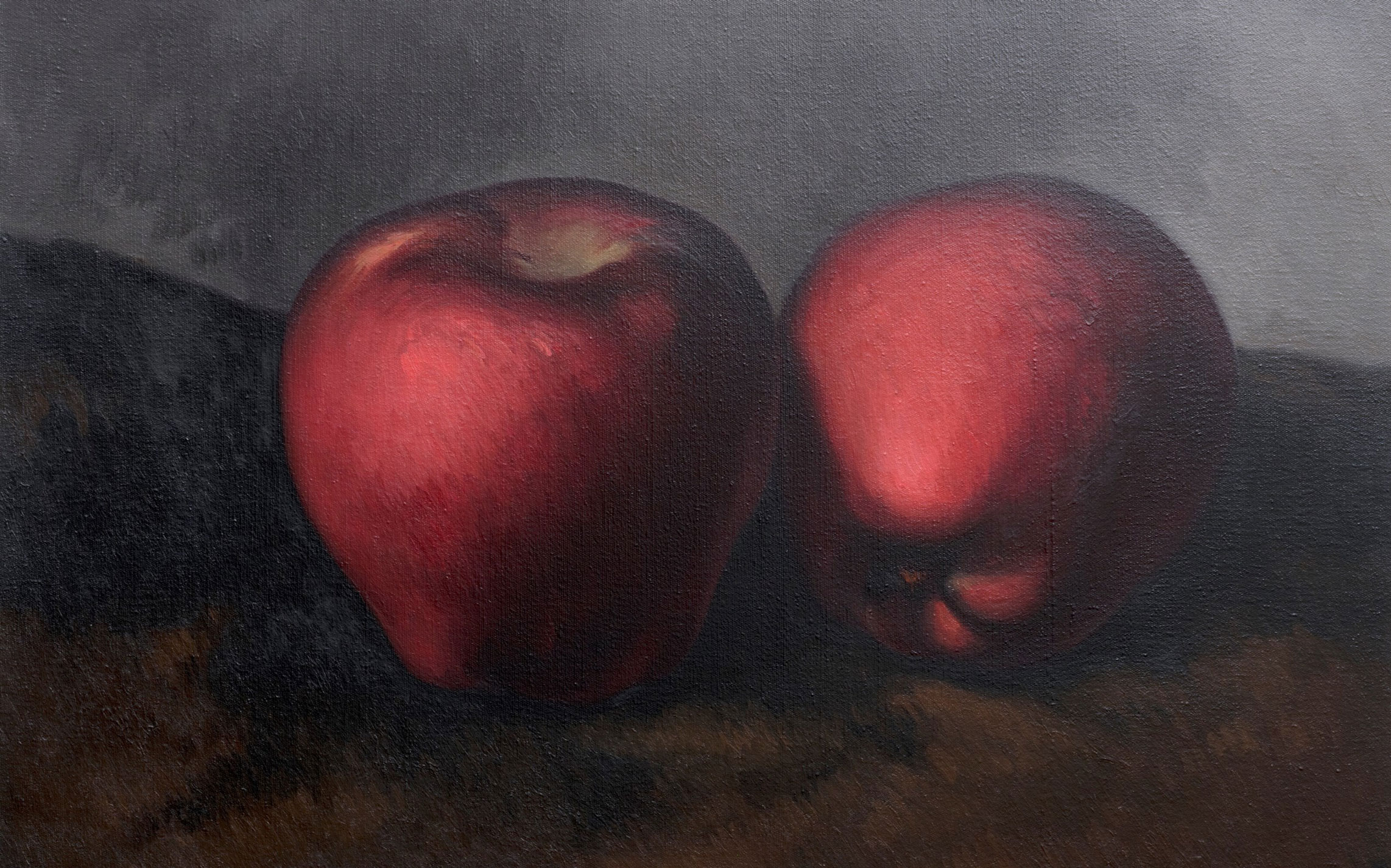 Two apples, with a deep red hue, are portrayed realistically on a shadowy surface.