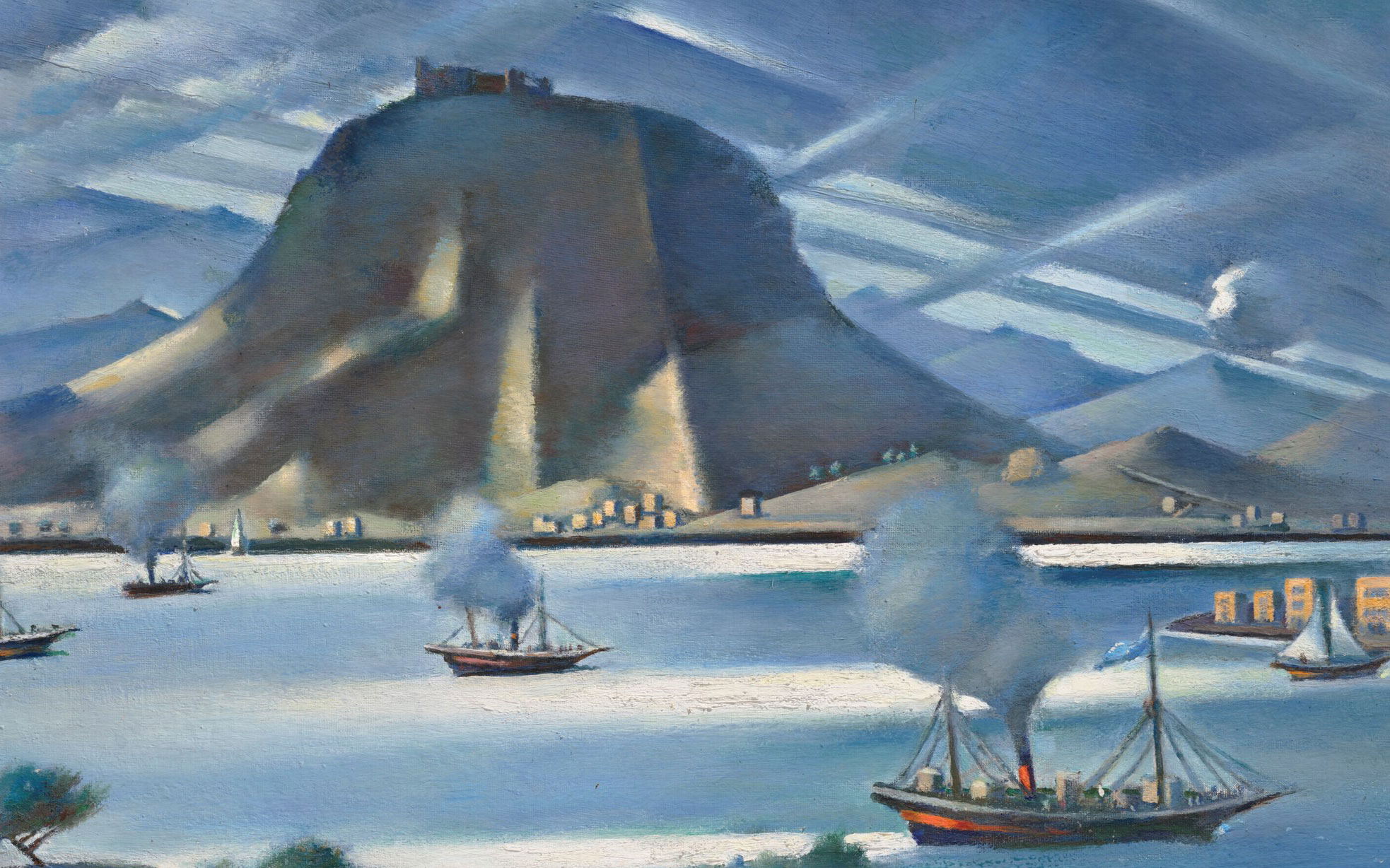 A painting depicting boats on a body of water with a large hill in the background and dynamic light rays in the sky.