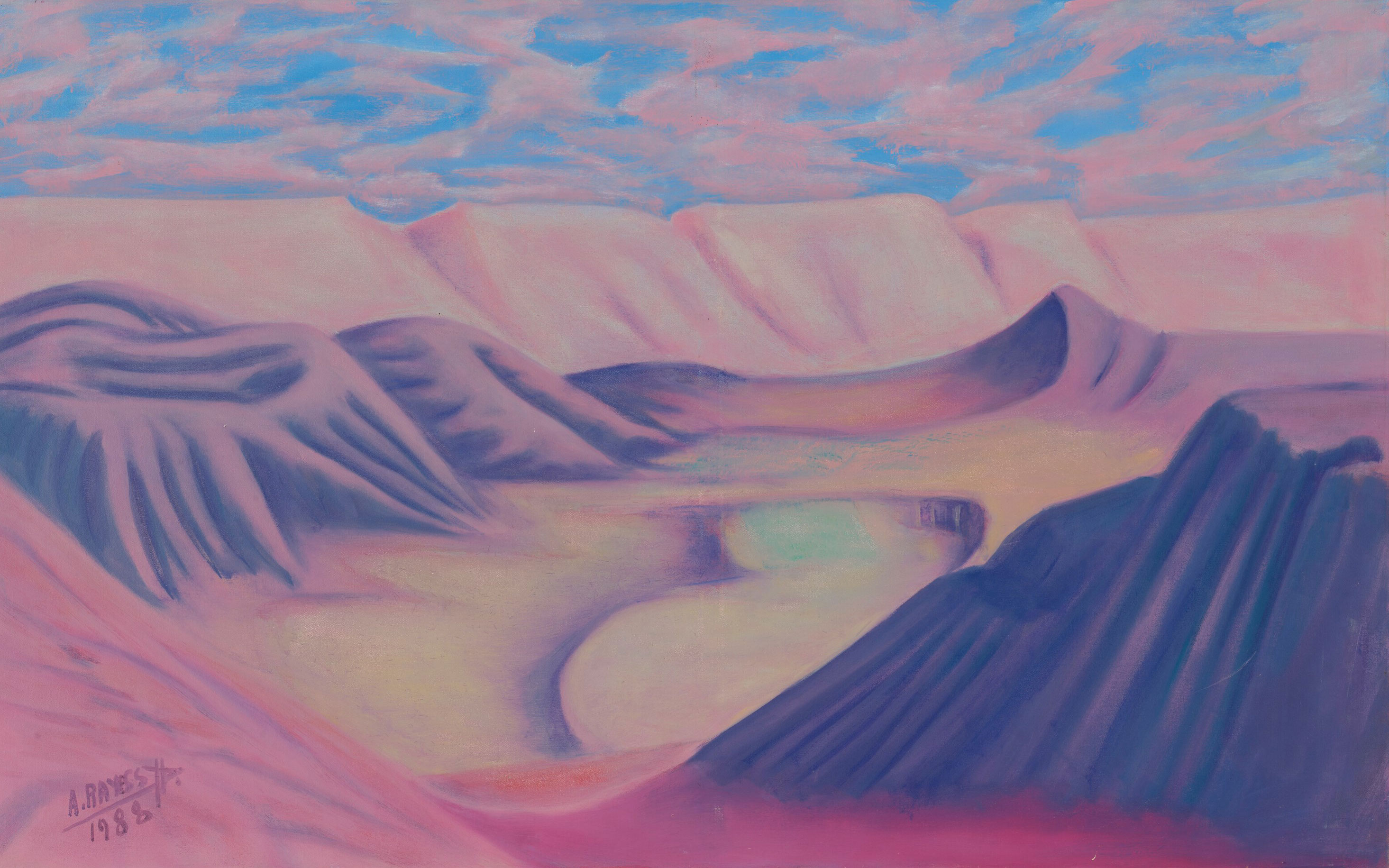 A pastel-hued expressionist landscape painting featuring rolling hills and a serene water body under a pink and blue sky.