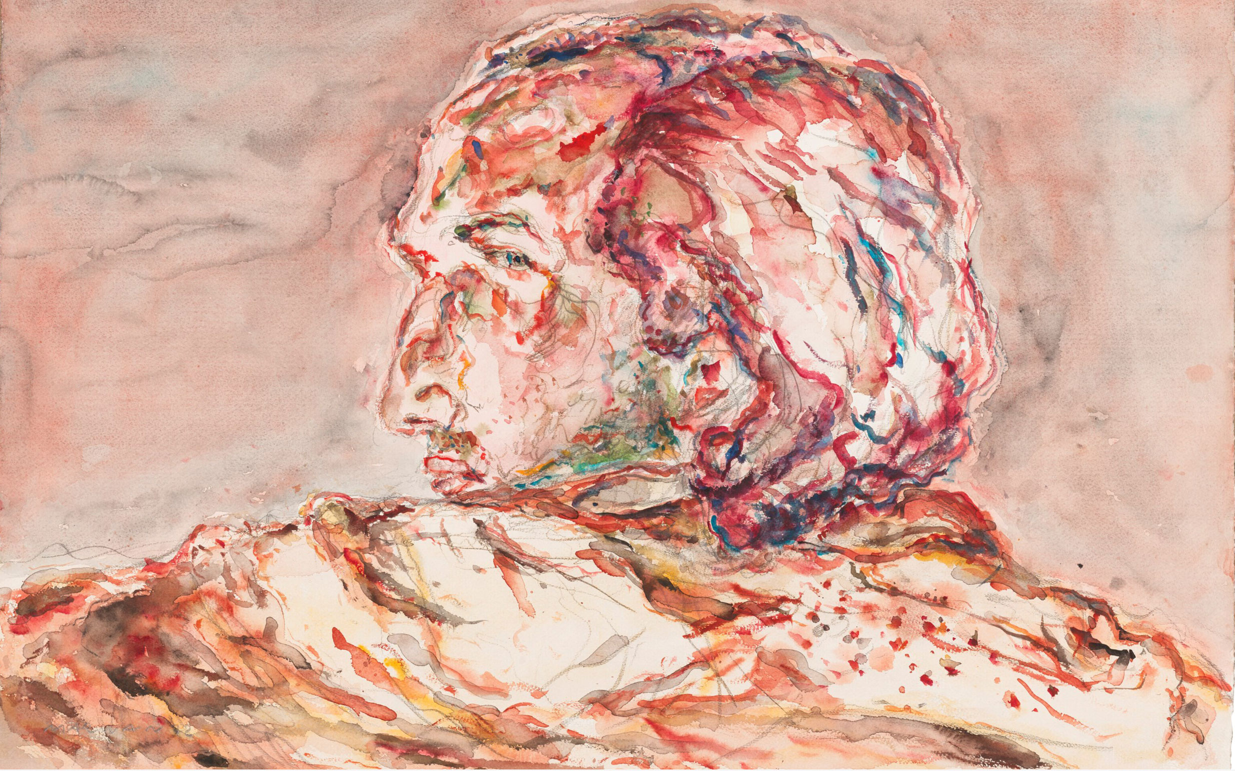 Vibrant watercolor painting depicts a profile view of a person, rendered with expressive, swirling strokes and a rich palette of colors.