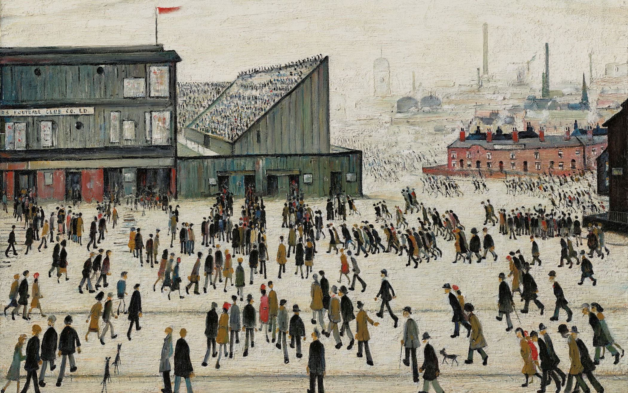 A painting depicting a bustling industrial town with numerous people walking across a large open space, flanked by dark buildings.