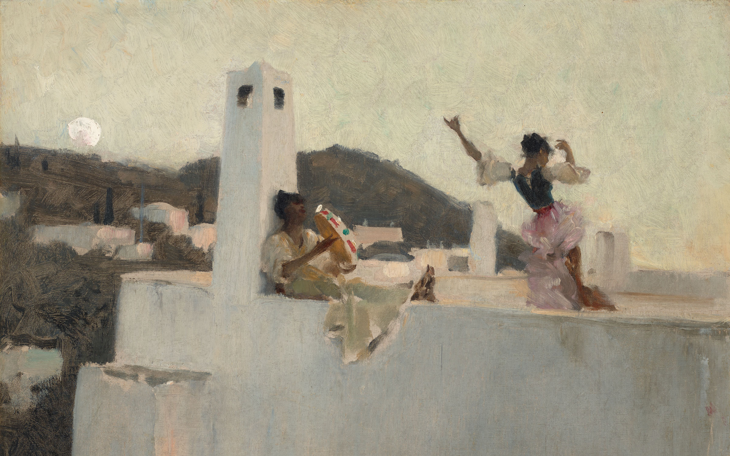 The image is a painting depicting a person dancing on a roof with a mountain landscape and buildings in the background.