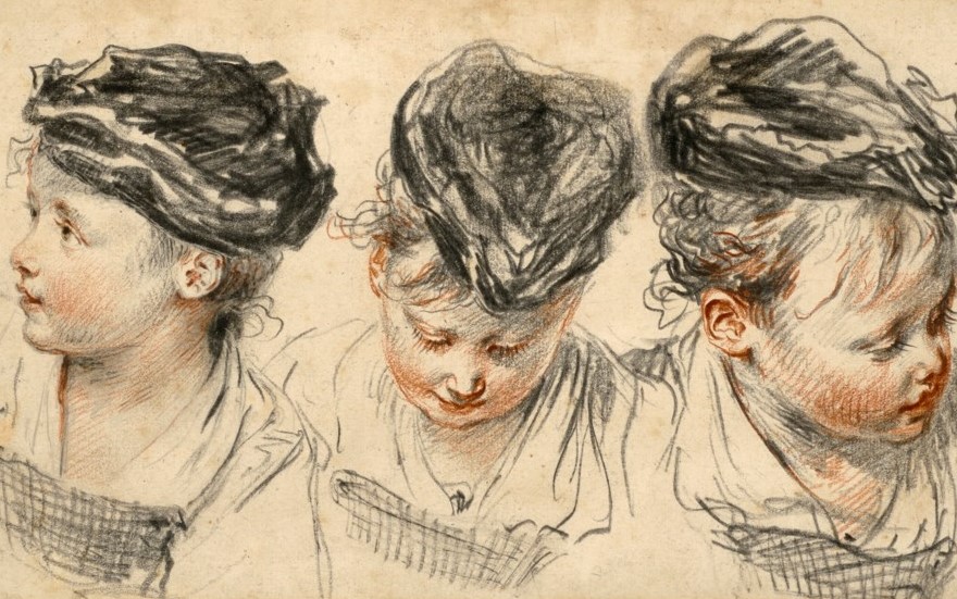 Three head studies of a girl wearing a hat