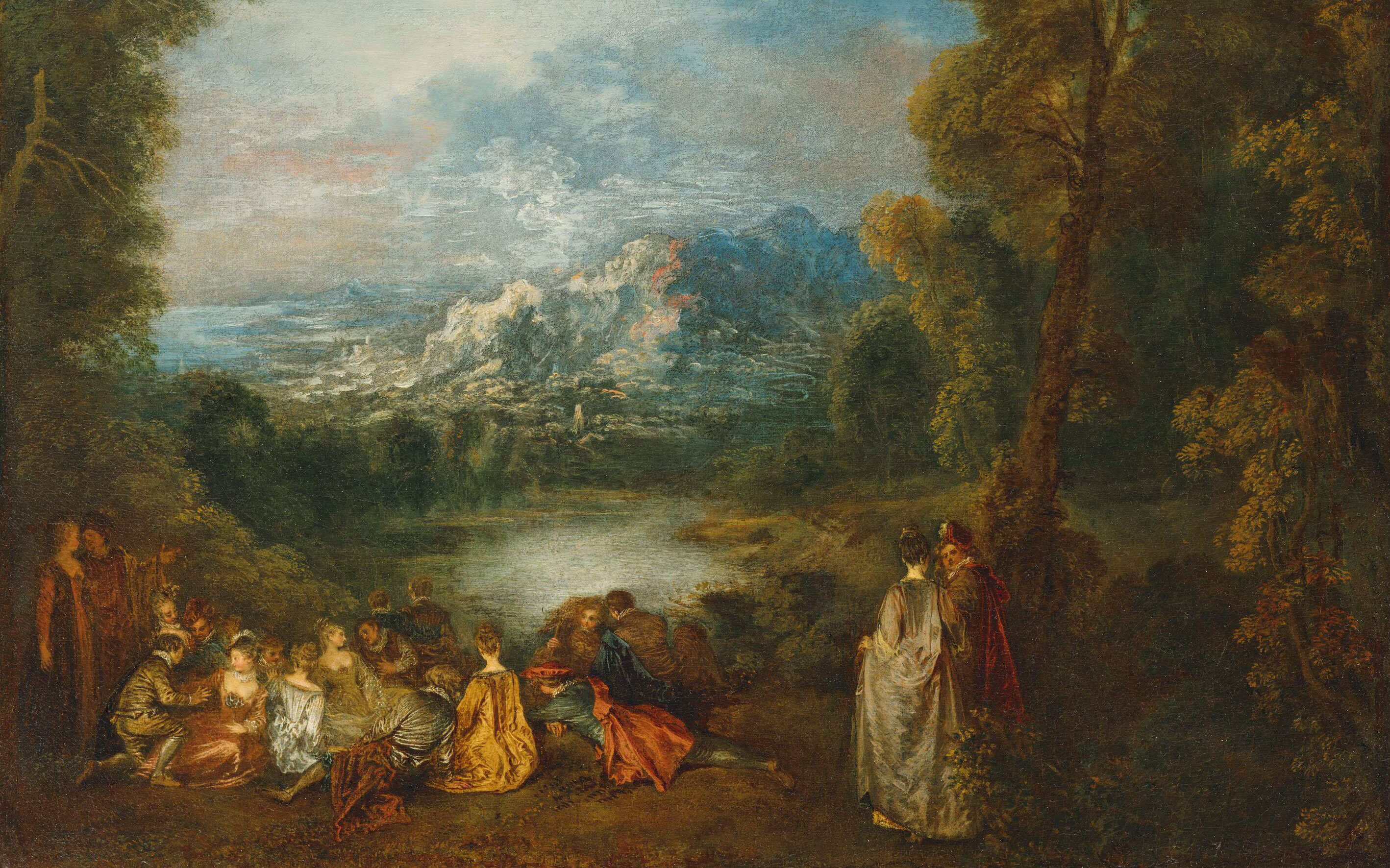 A group of elegantly dressed people gather and relax by a lake in a lush, scenic landscape.