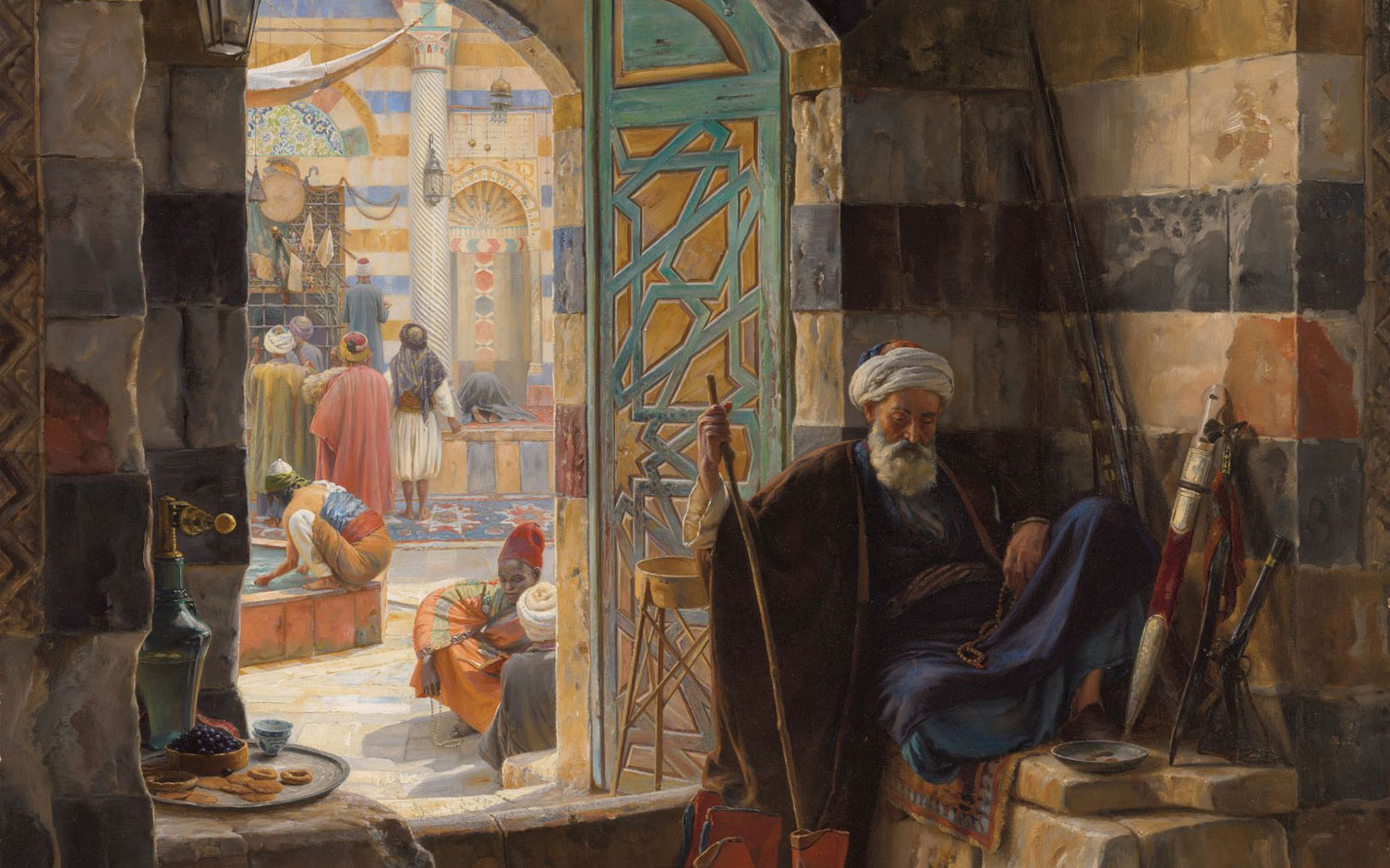 The image depicts a vibrant marketplace scene viewed from a shaded room, highlighting people engaged in various activities and rich architectural details.