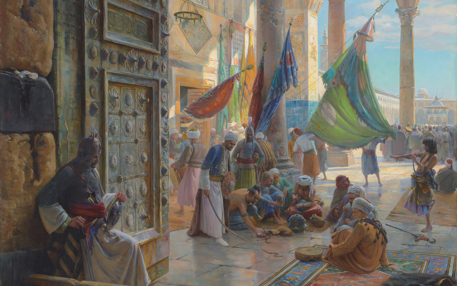 The image depicts a bustling oriental bazaar with people engaged in various activities like conversing, walking, and a group in the center holding up colorful flags, set against a backdrop of intricate architecture and columns.