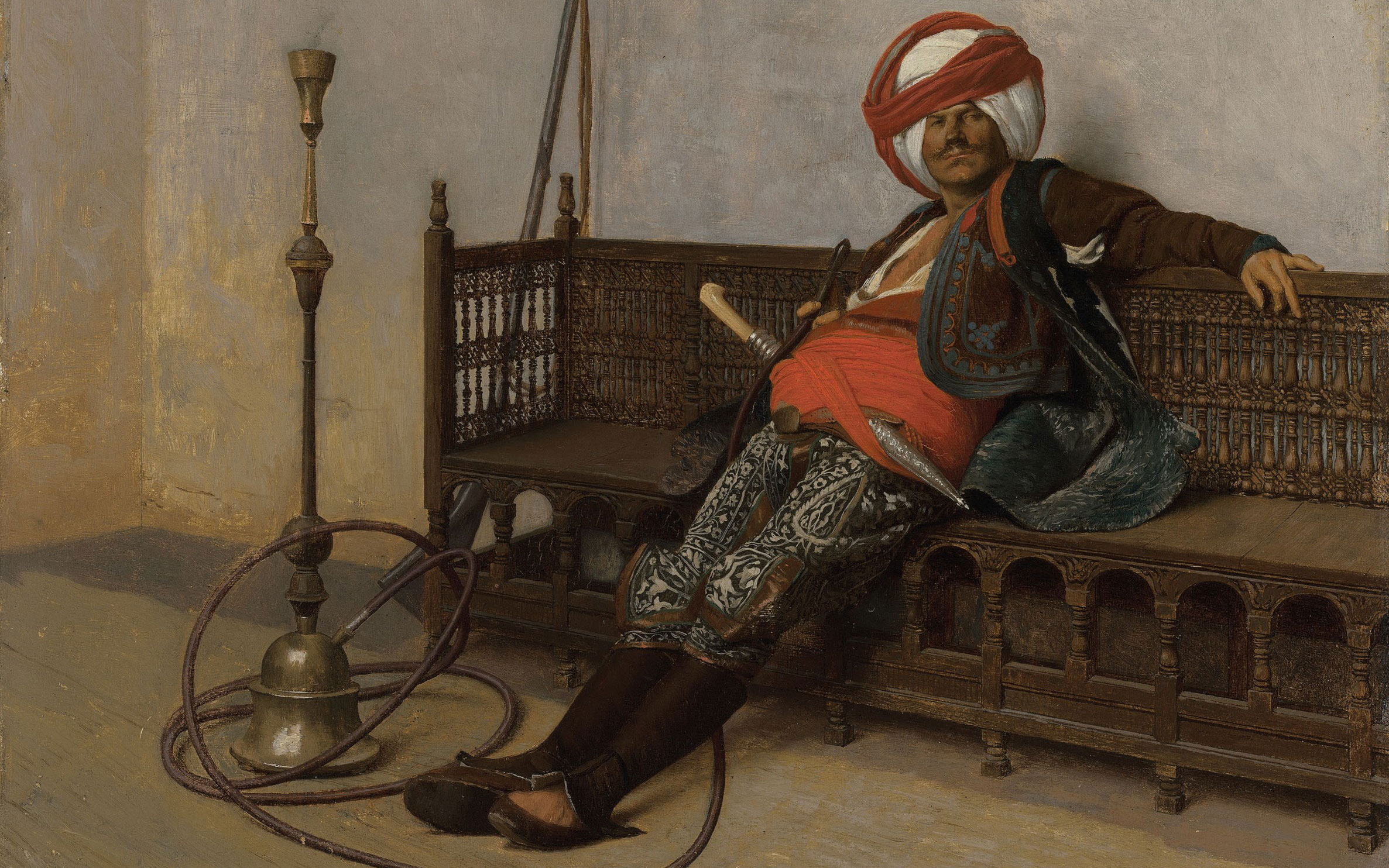 The image depicts a figure lounging on a traditional dark wood bench, with a hookah at the side, dressed in opulent, ornate clothing.