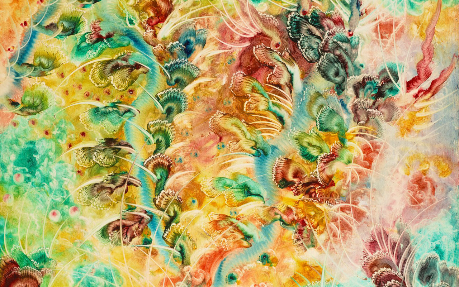 一幅充满活力和抽象的画作,具有丰富、漩涡状的色彩和纹理,类似于奇幻的植物或海底珊瑚。