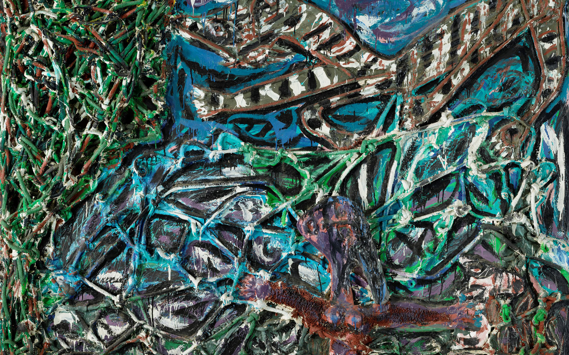Abstract, textured painting with vibrant blue, green, and white strokes intertwined to create a dynamic, chaotic composition.