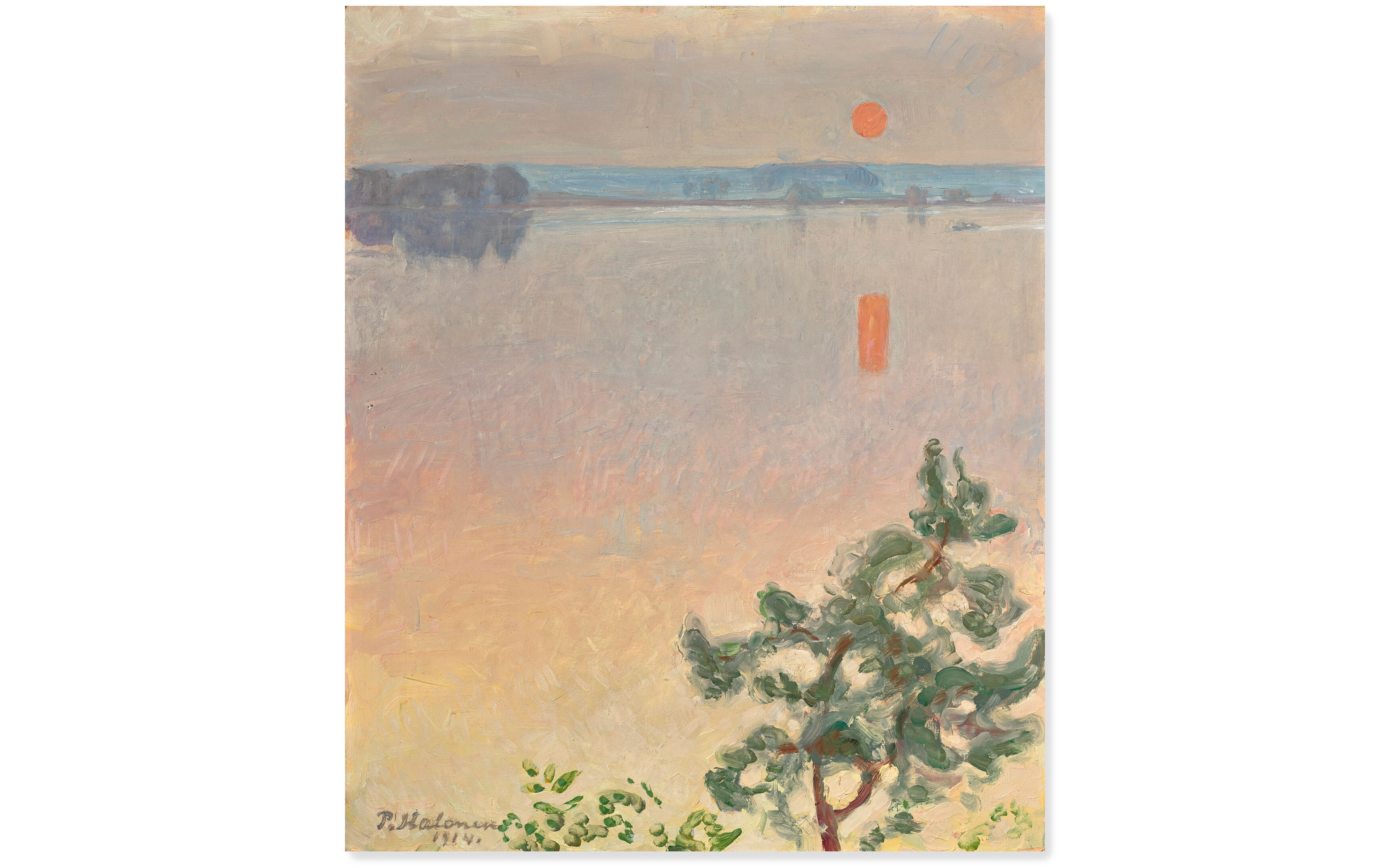 An impressionistic painting shows a tranquil lake at sunset with calm waters, distant shorelines, and a solitary tree in the foreground.