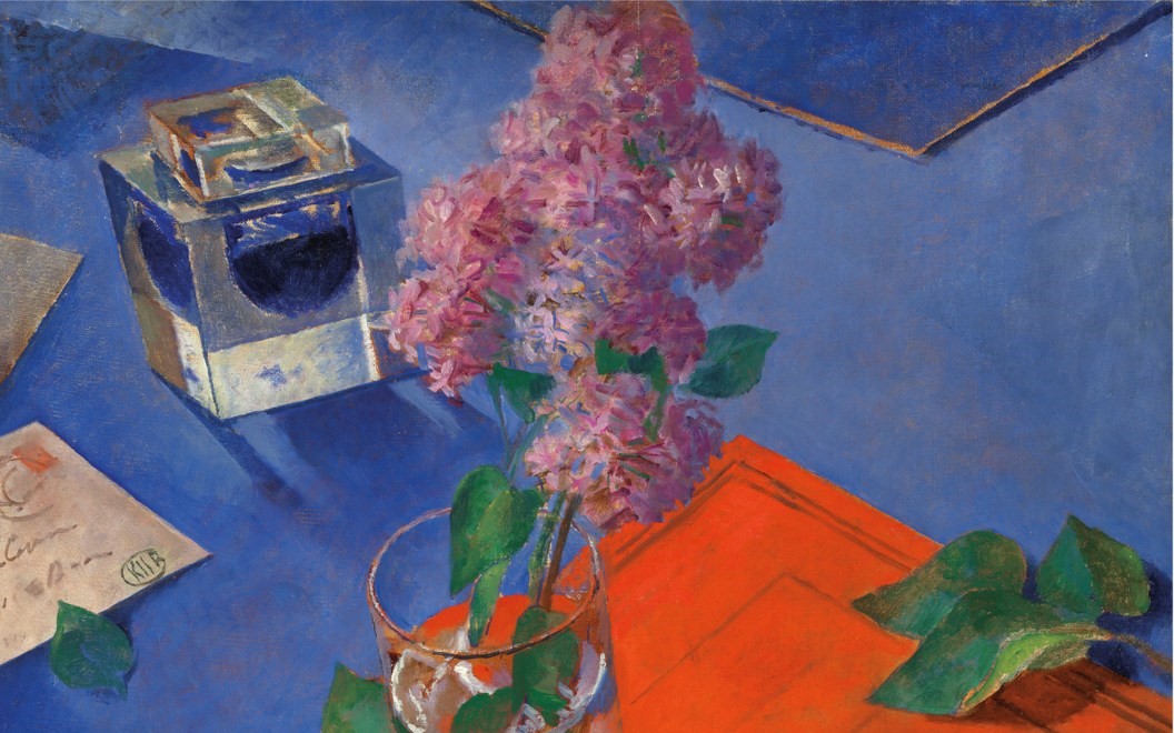Vibrant painting of lilacs in a glass vase juxtaposed with a silver box and envelopes on a blue background.