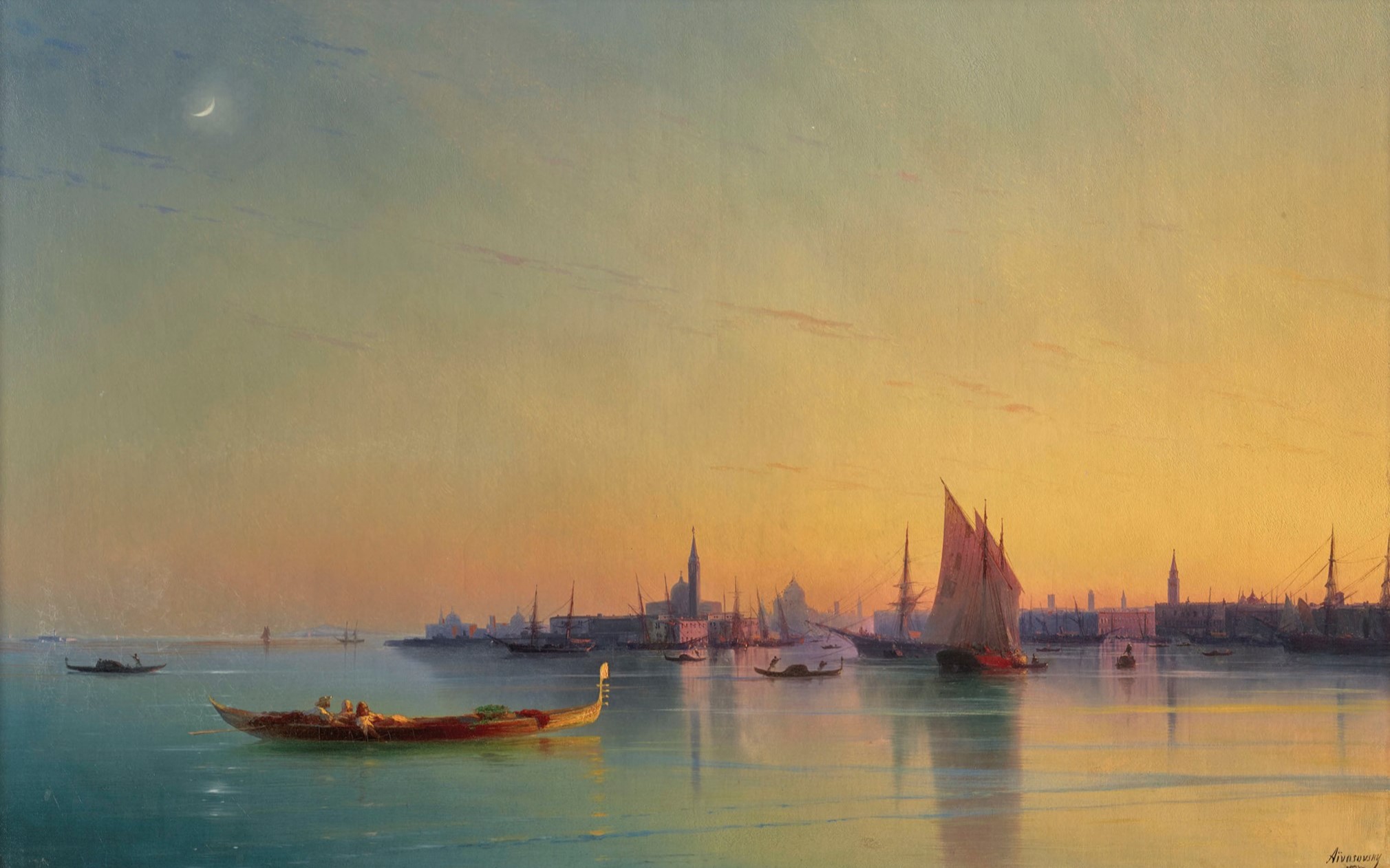 A tranquil harbor scene at sunset featuring a gondola and sailing ships against a backdrop of a city skyline.