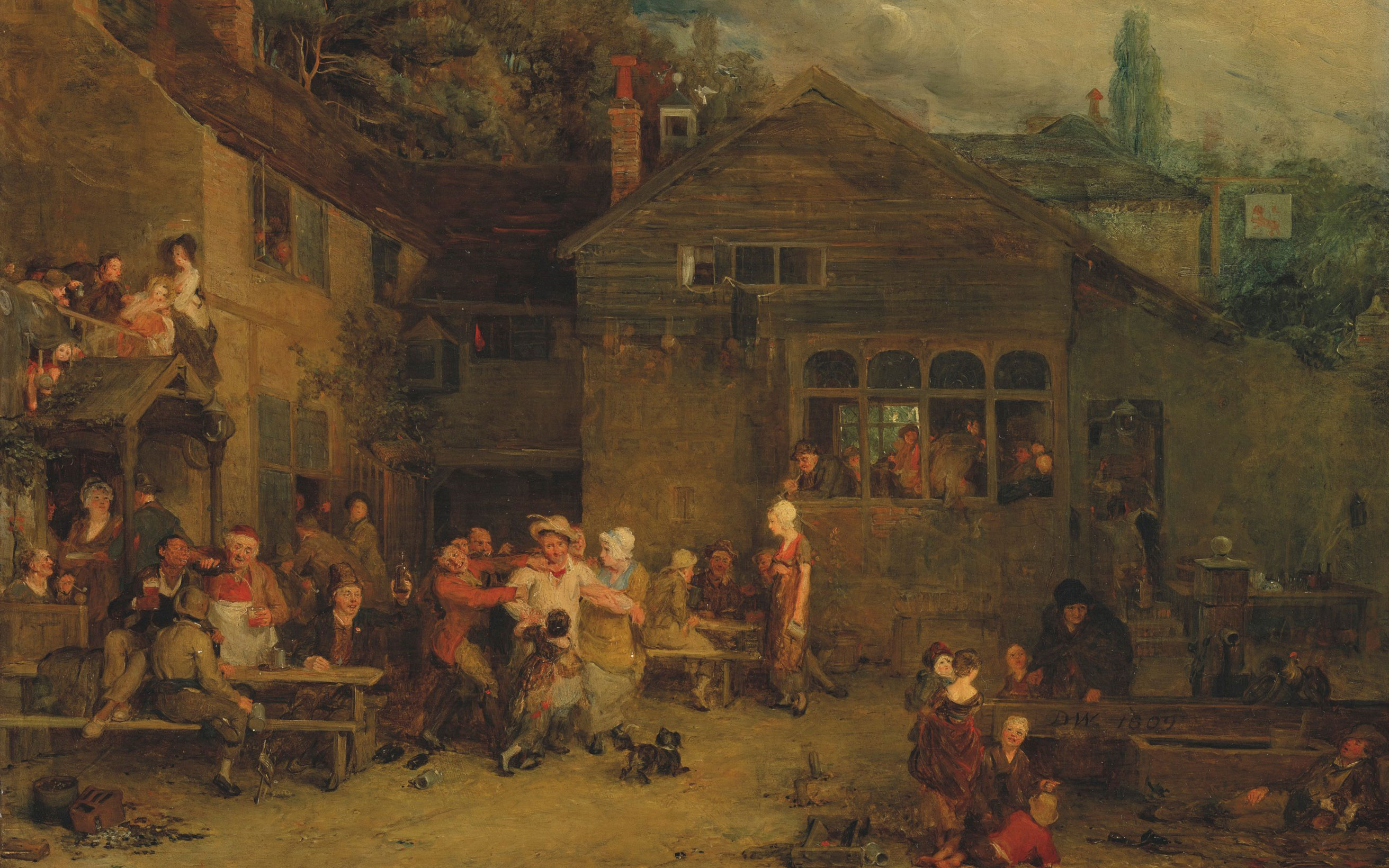 The image depicts a lively scene outside a rustic inn with various groups of people engaging in conversations, dancing, and other festive activities.