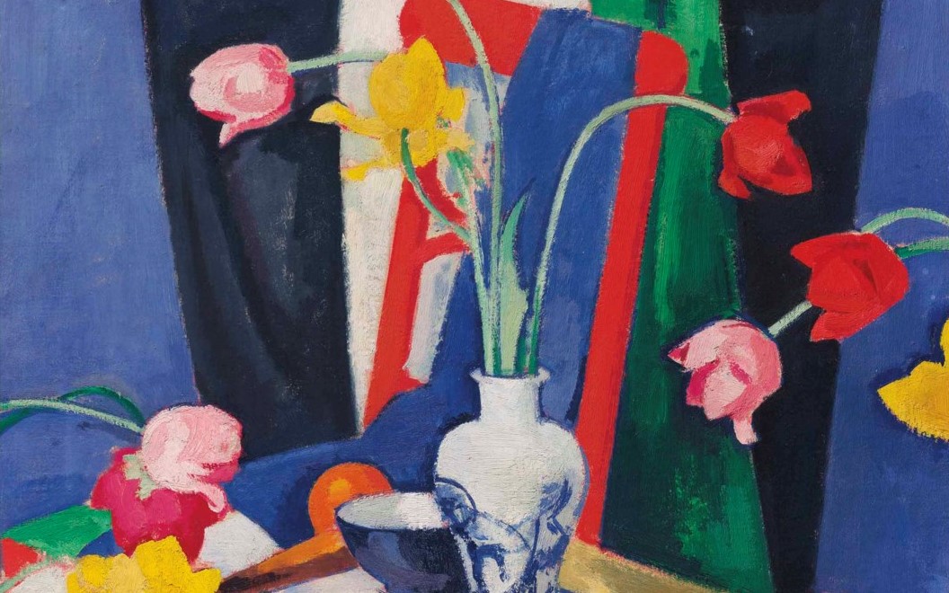 Colorful painting of a vase of flowers with bold, abstract shapes and vibrant hues in the background.