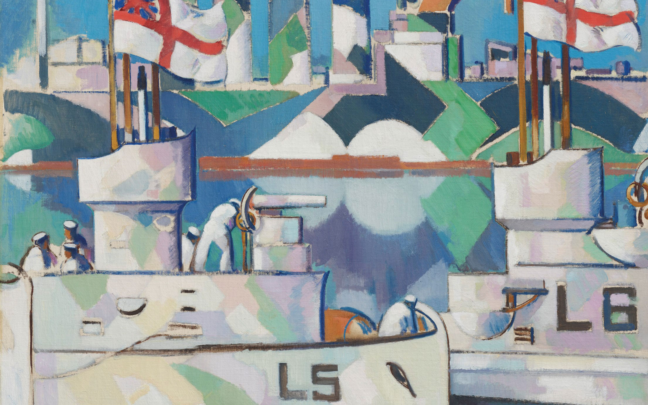 An abstract, colorful painting of a maritime scene with industrial elements, ships, and figures working amidst geometric shapes.