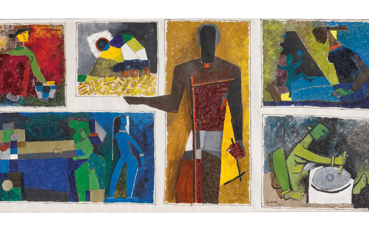 The image displays a collection of six panels, each depicting abstract, colorful figures engaged in different activities or poses, rendered in a collage-like, textured style.