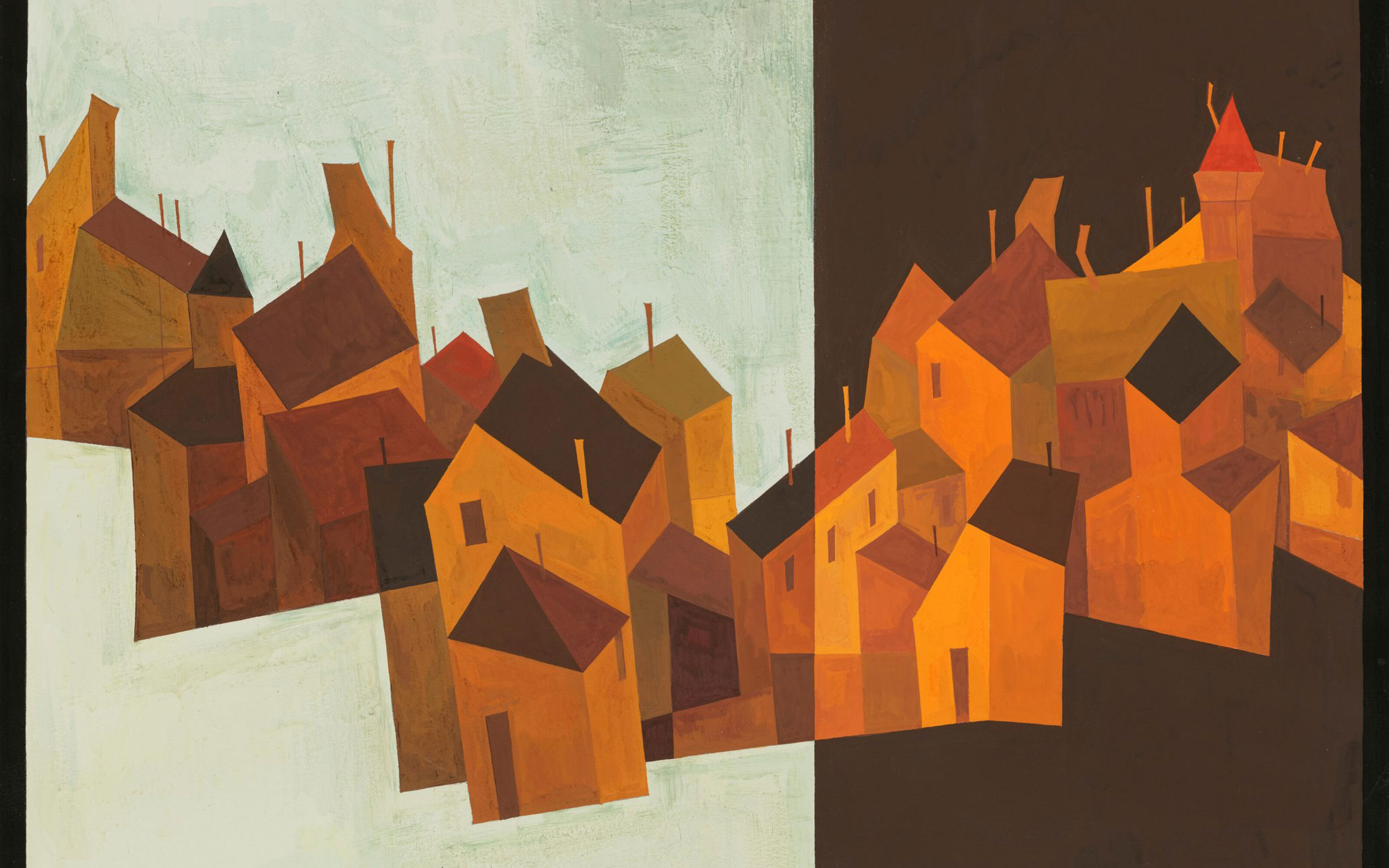 Abstract cubist painting of stylized houses in warm hues, split by a vertical white and dark band.