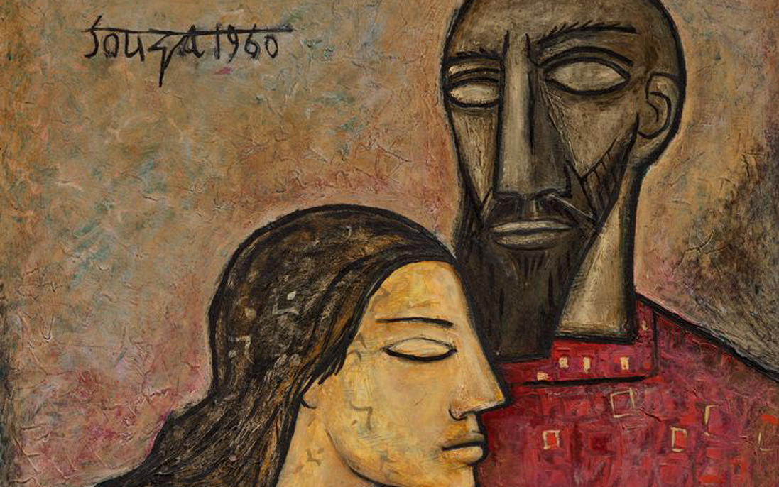 The image shows a textured painting signed "Souza 1960" featuring abstract elements and deep, muted colors excluding a blurred face segment.