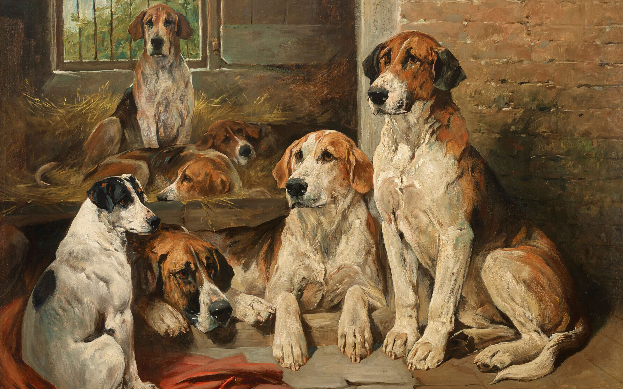 A painting of six dogs of various breeds sitting together in a rustic indoor setting, some looking outwards attentively.