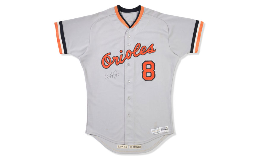 Gray Baltimore Orioles baseball jersey with number 8 and an autograph on the front.