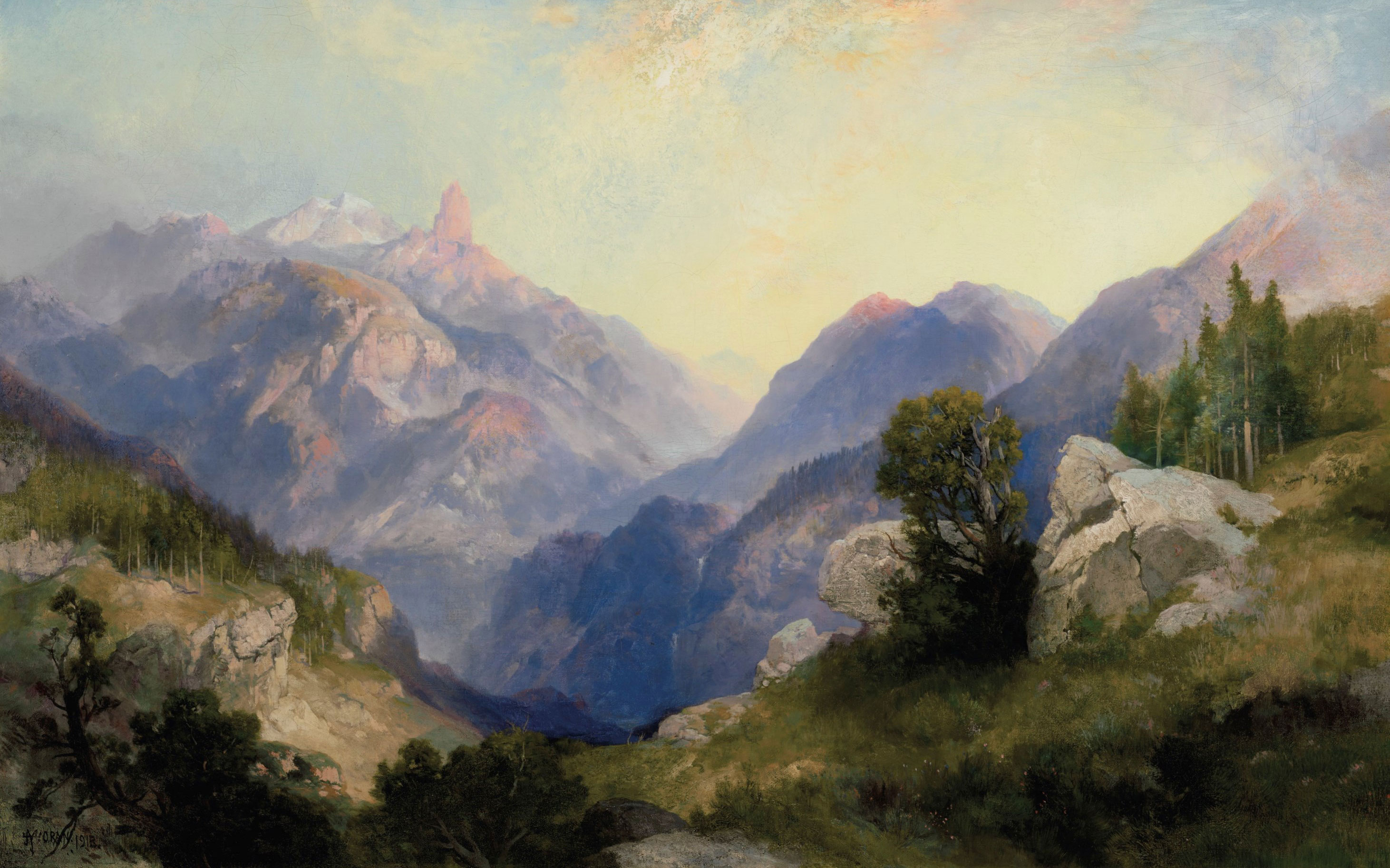 A serene landscape painting depicting a mountain vista with a mix of rugged terrains, lush forests, and a glowing sky.