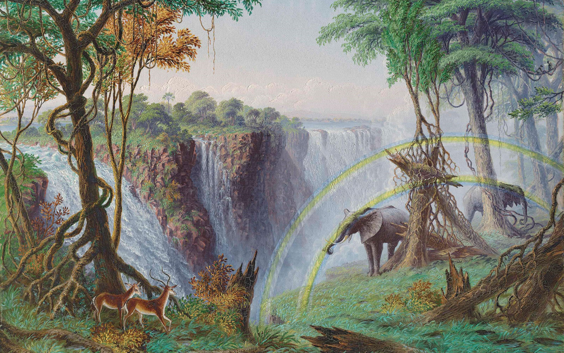 A vibrant painting depicting a lush forest and waterfall with an elephant, two antelopes, and tropical flora.