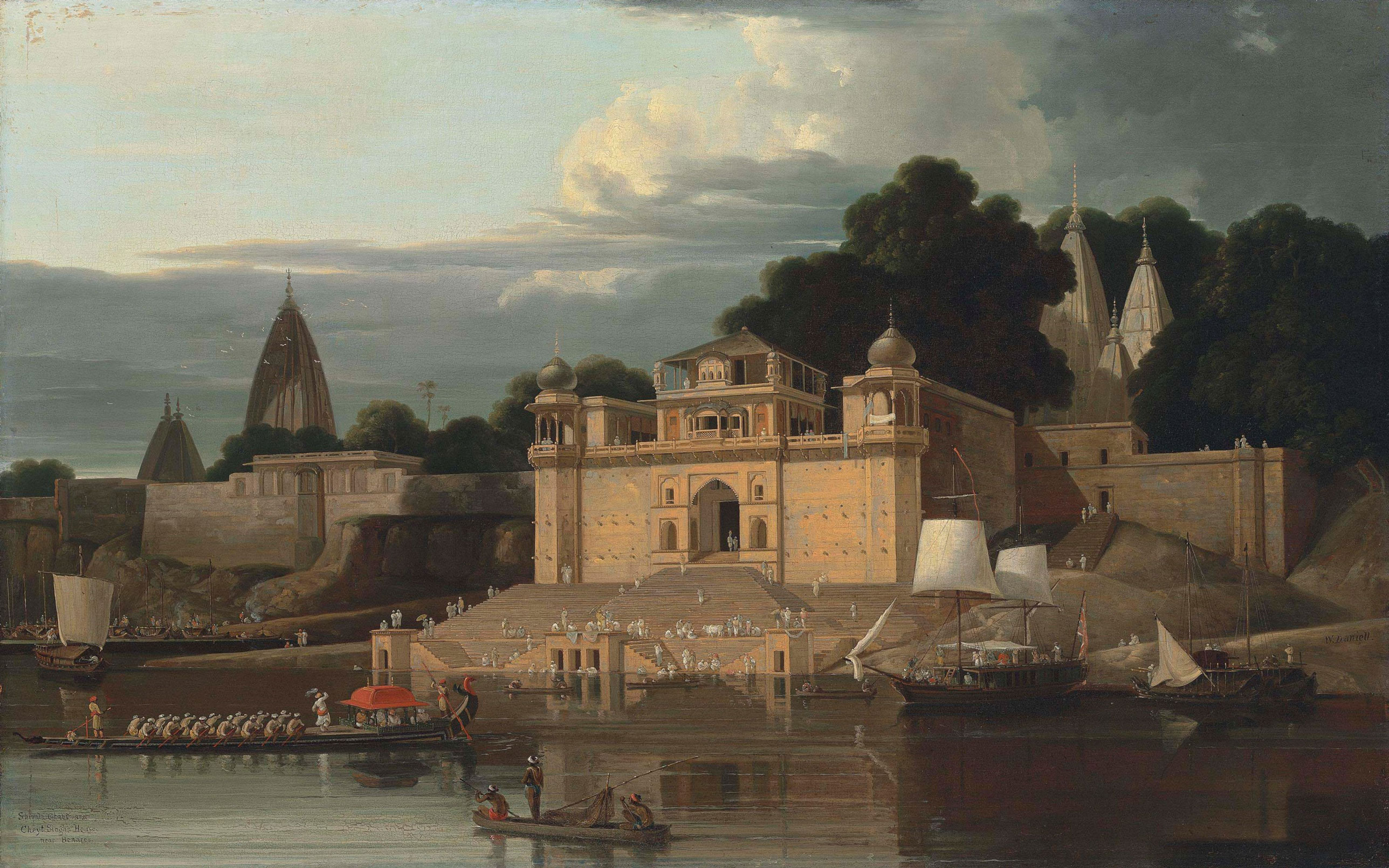 Historic riverside scene with ornate buildings and boats, reflecting cultural architecture and daily life.