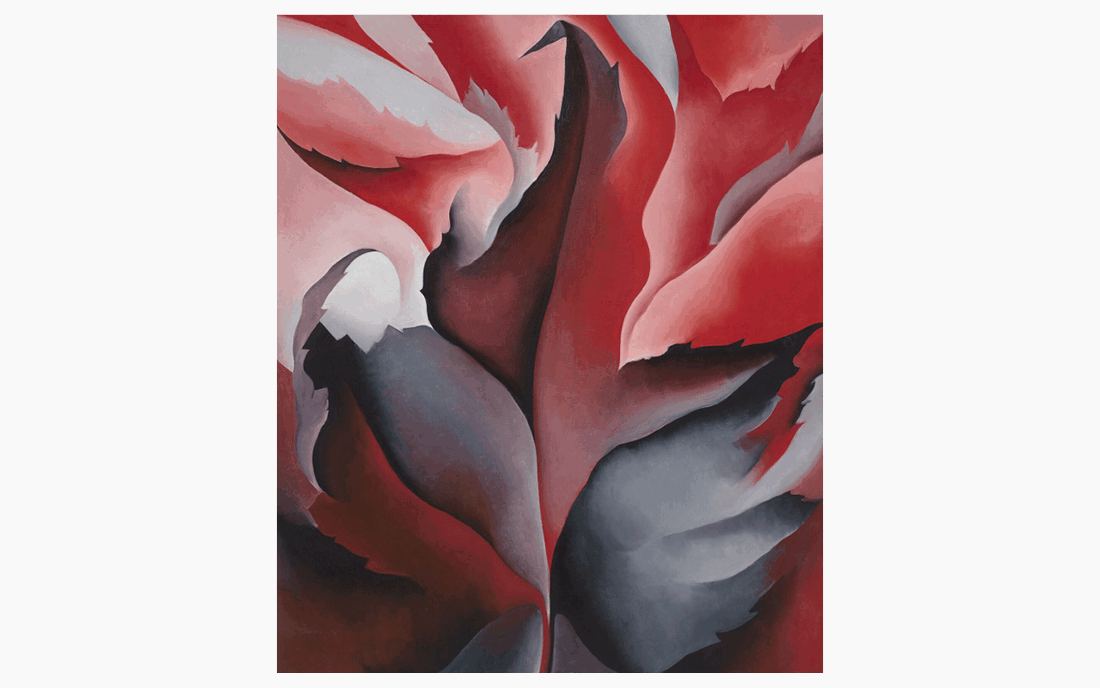 Abstract floral painting featuring rich, flowing forms in shades of red, gray, and white, resembling a close-up view of petals.