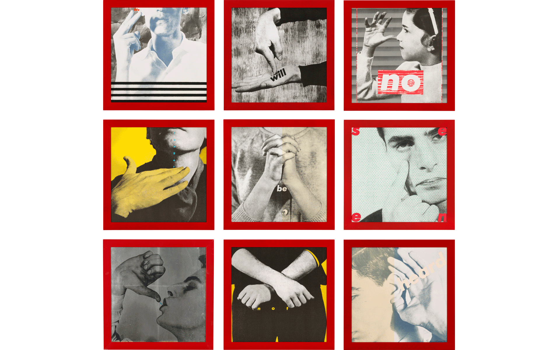 Nine red-bordered squares show various artistic hand gestures, some with text and bold backgrounds.