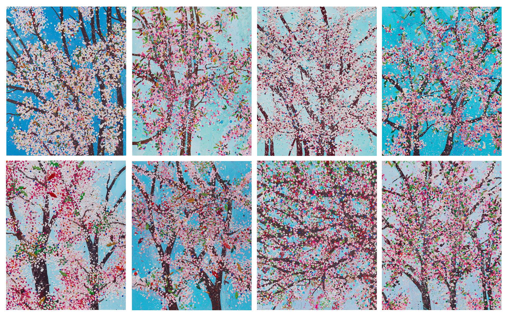 Eight paintings of blossoming cherry trees with blue skies in the background.