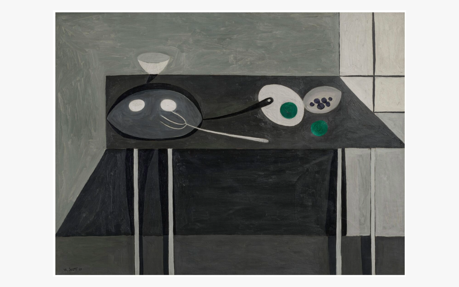 A minimalist abstract painting of a table with dishes, utensils, and geometric patterns.
