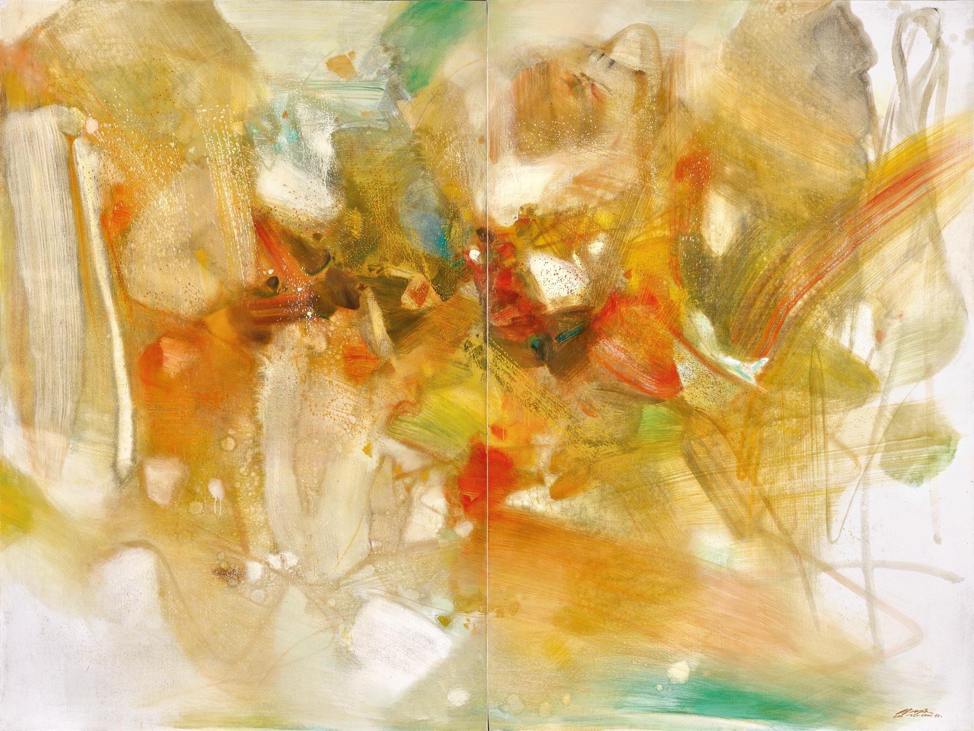 Chu Teh-Chun (Zhu Dequn, 1920-2014), Automne (Autumn). Oil on canvas (diptych). Each: 195.1 x 130.1 cm (76 ¾ x 51 ¼ in). (2) Overall: 195.1 x 260.3 cm (76 ¾ x 102 ½ in). Painted in 1985. Estimate: HK$25,000,000-35,000,000. Offered in 20th/21st Century Evening sale on 29 September 2026 at Christie’s in Hong Kong