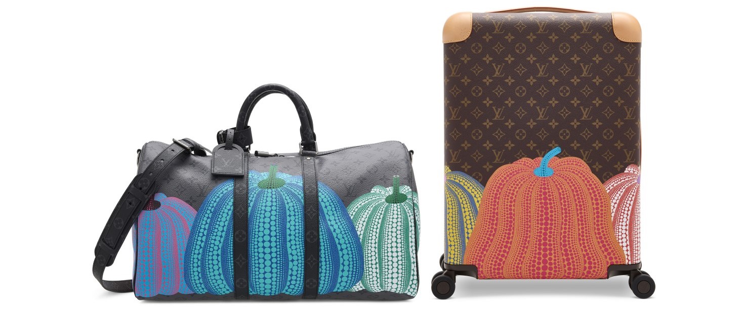A duffel bag and a suitcase with colorful pumpkin designs on Louis Vuitton monogram canvas.