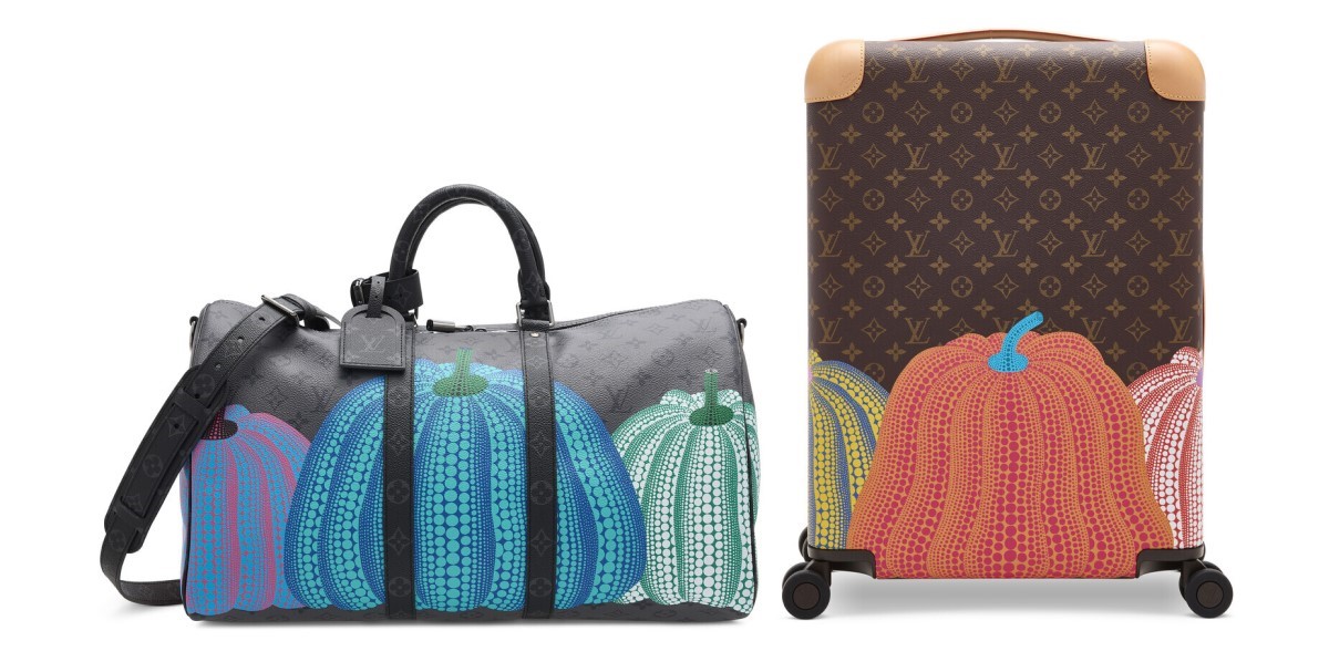 A duffel bag and suitcase with colorful pumpkin designs and the Louis Vuitton monogram pattern.