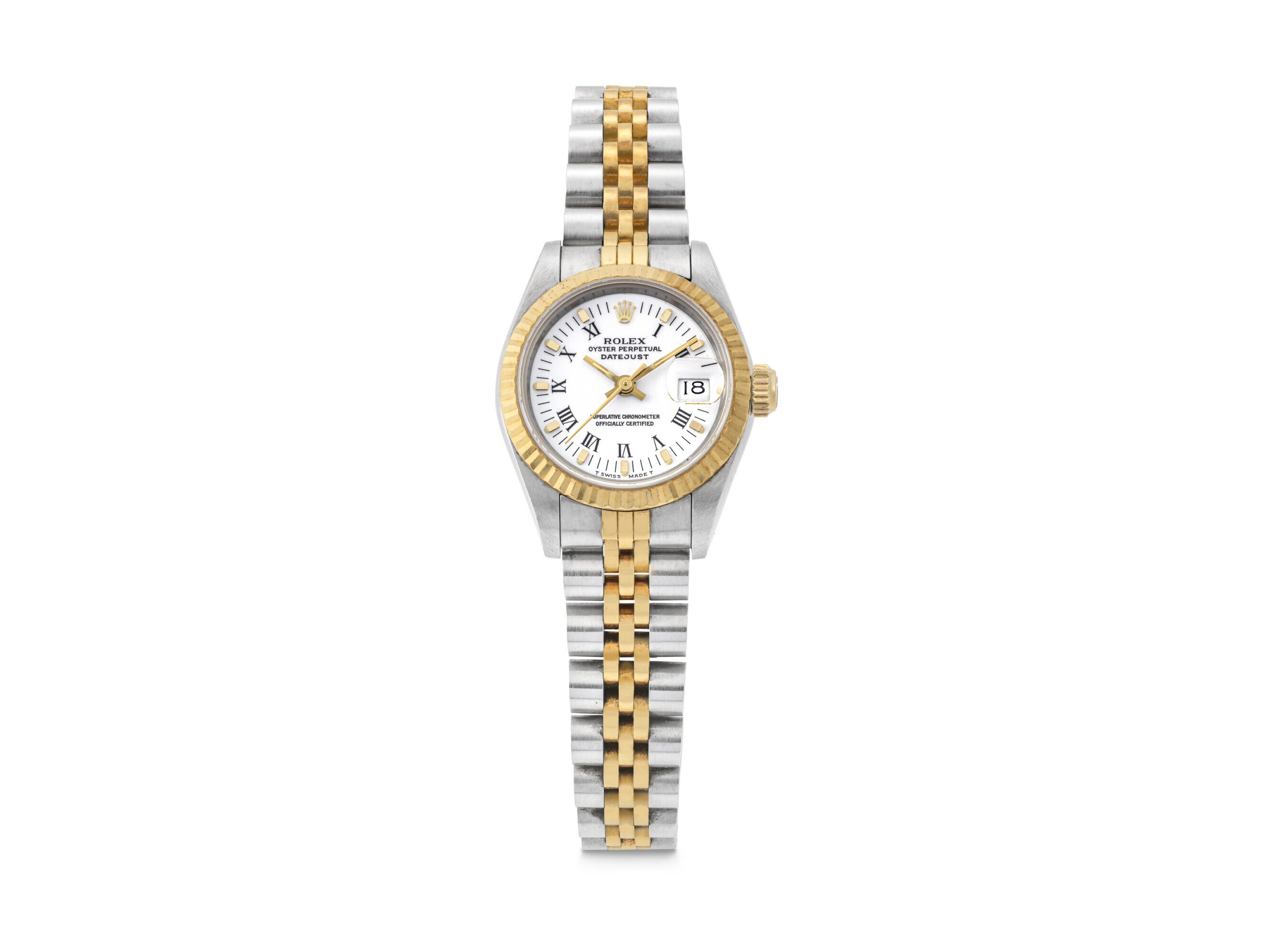 A two-tone Rolex wristwatch with a white face, gold bezel, and metal link bracelet.