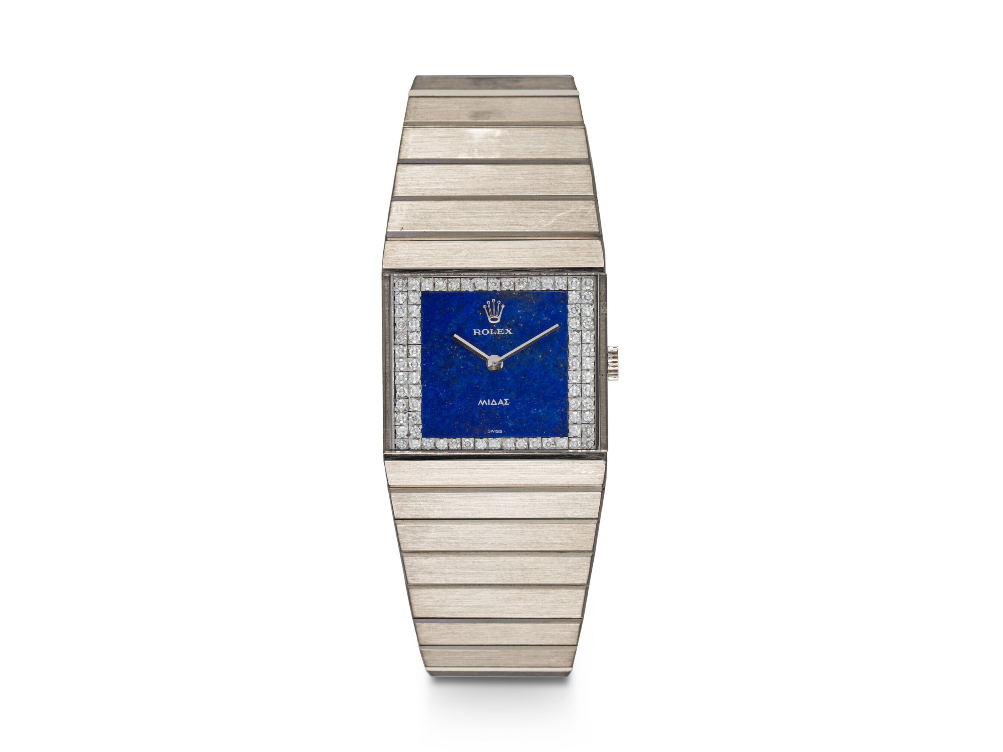 A silver Rolex wristwatch with a blue square face and diamond accents around the dial.