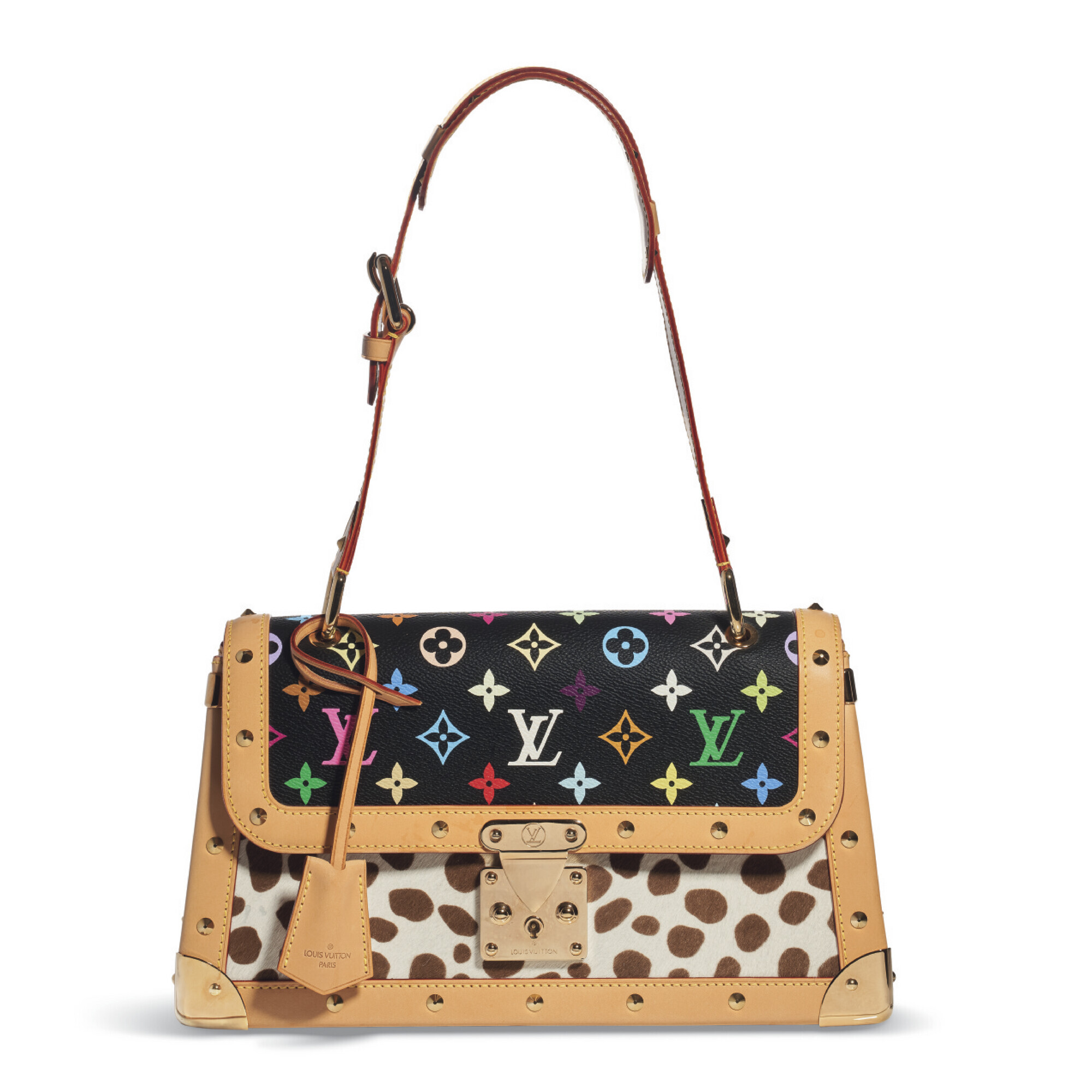 A designer handbag featuring a multicolor logo pattern and animal print with tan leather accents.