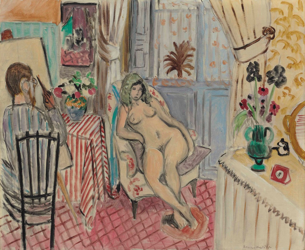 A colorful painting depicting an interior scene with vibrant floral motifs, a draped table, and various decorative elements.
