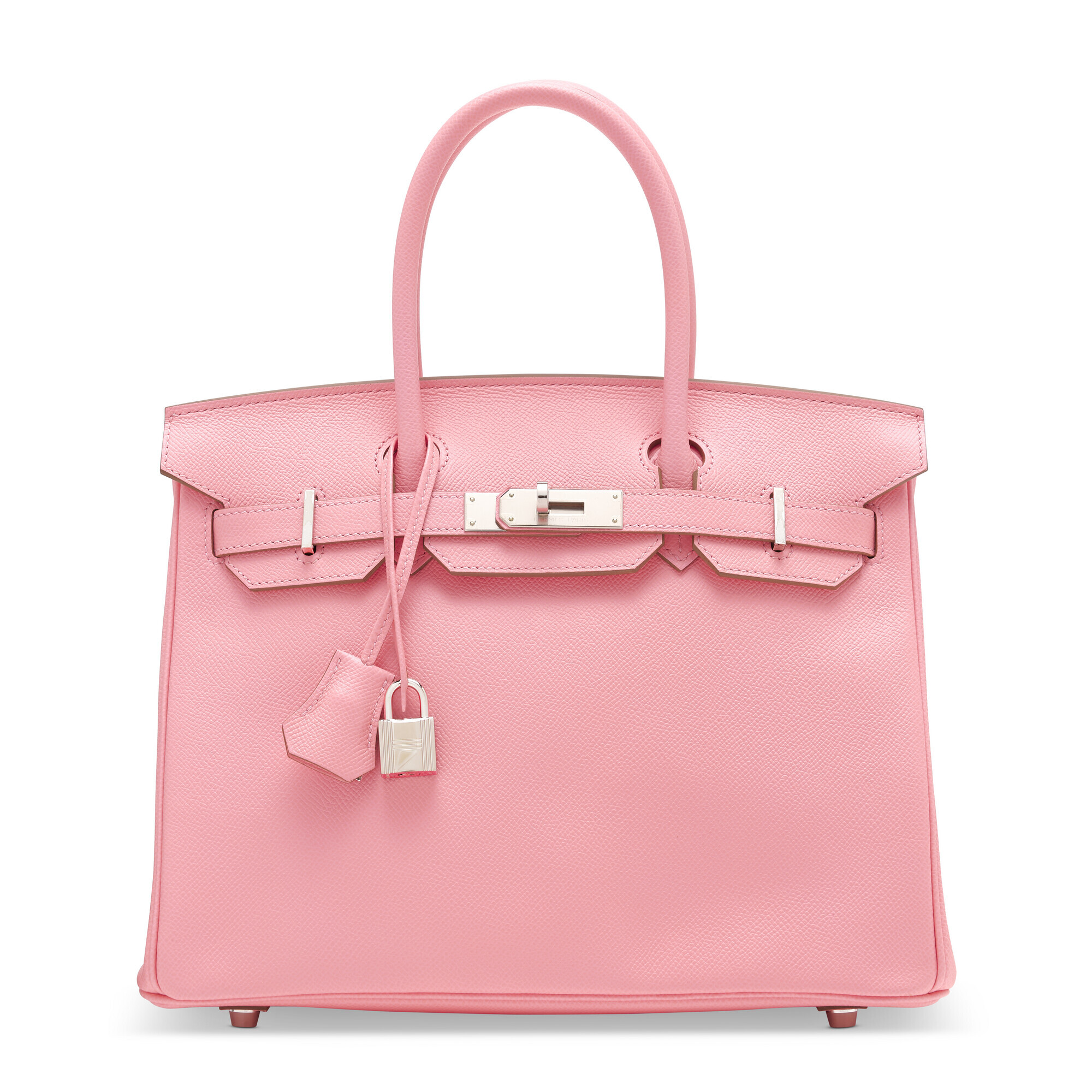 A pink leather handbag with silver hardware and a lock hanging from the handle.
