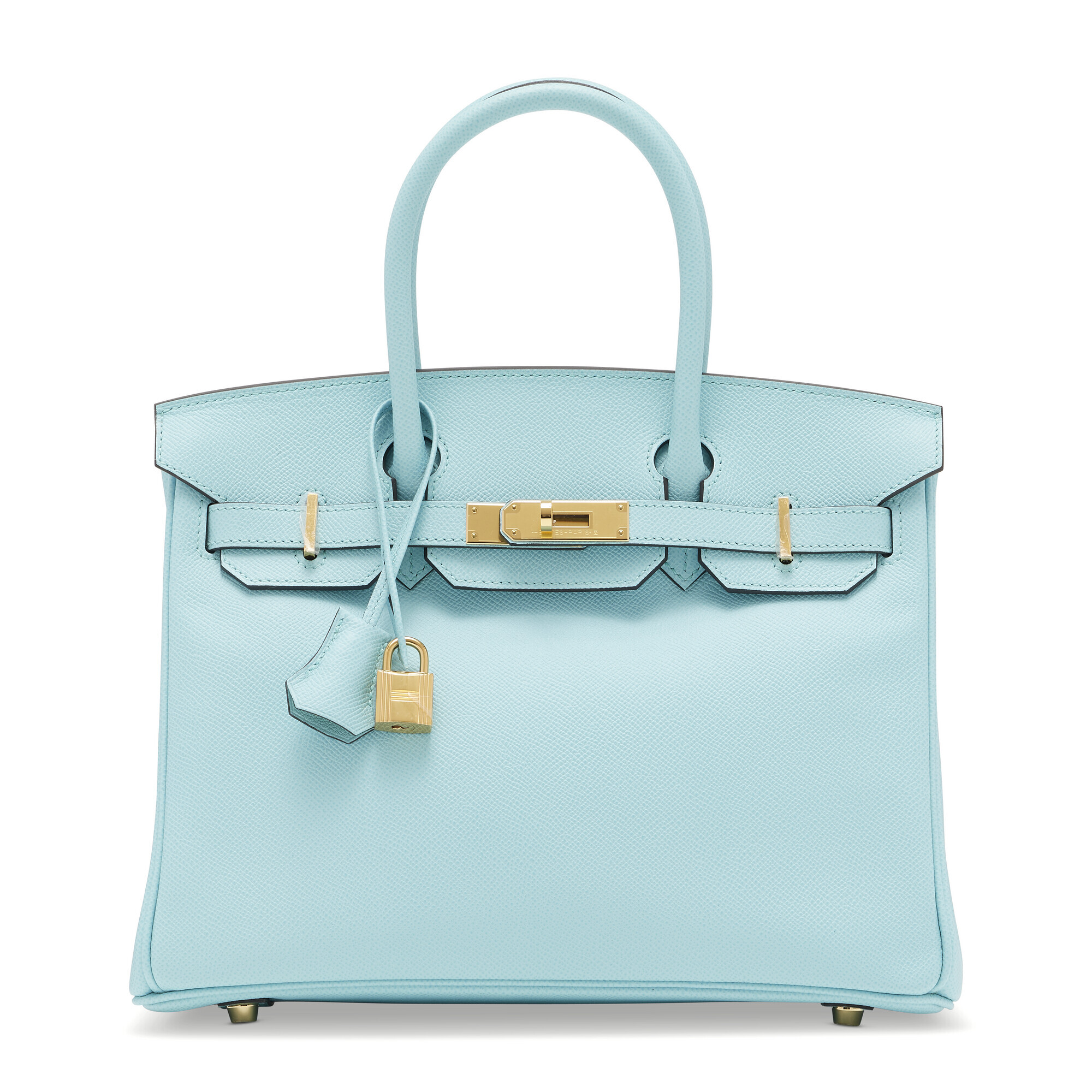 A light blue handbag with gold hardware and a padlock detail on the front.