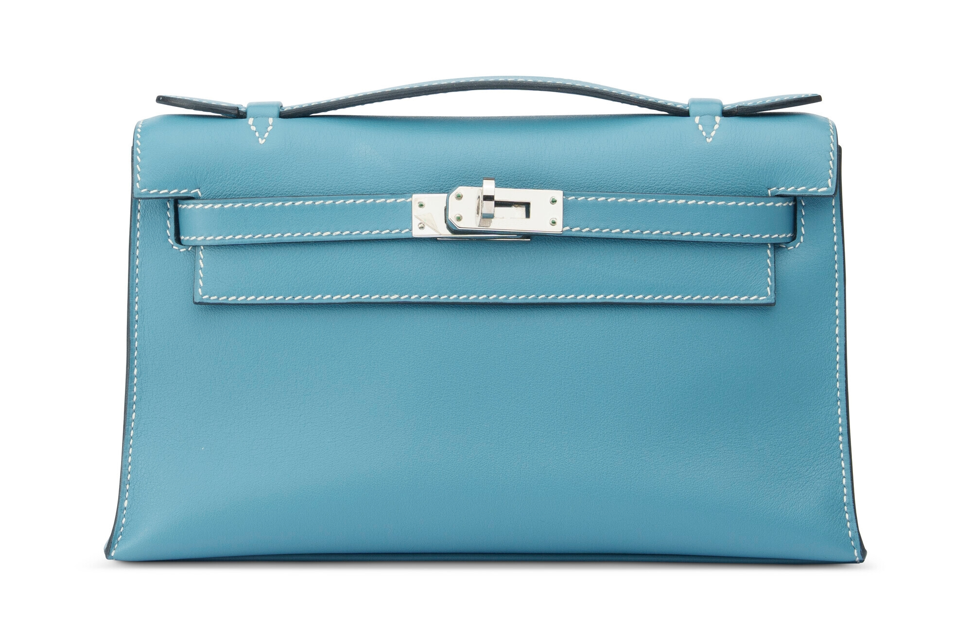 A blue leather handbag with white stitching and a silver clasp, featuring a top handle.