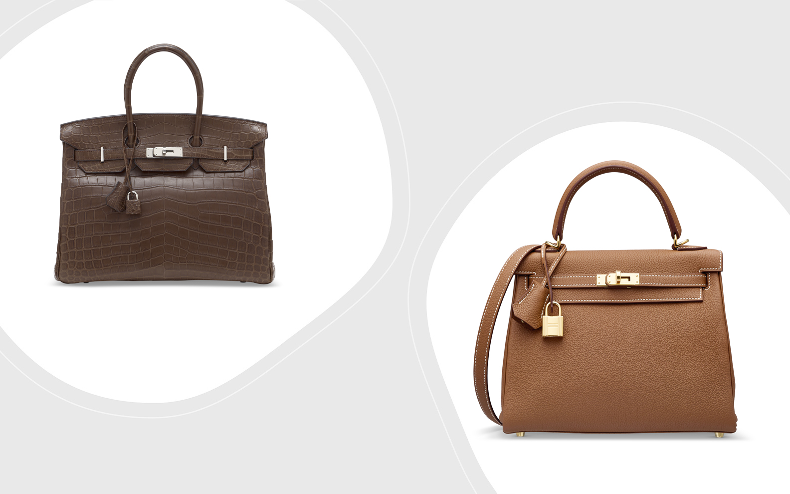 Two brown luxury handbags are displayed side by side on a light, modern background.